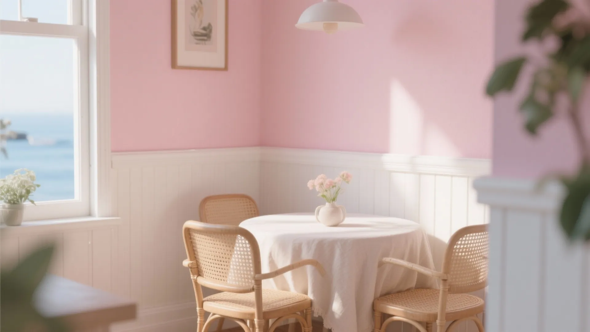 Dining nook with pastel above and white below chair rail