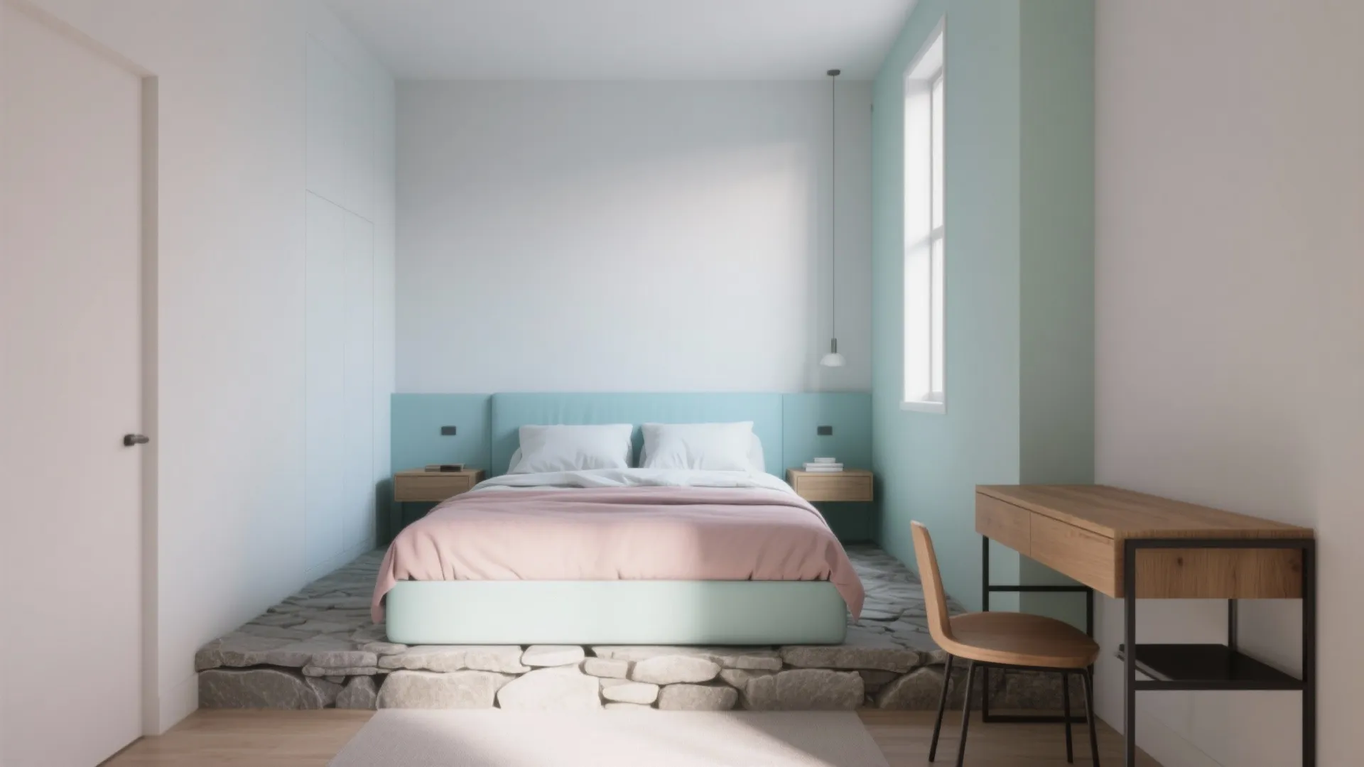 Modern bedroom with pastel blue wall panel pink bed cover stone platform and wooden desk