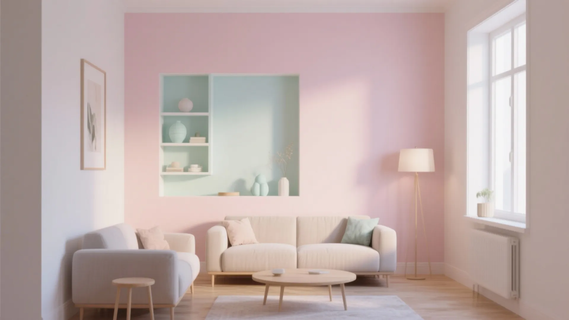 Modern living room with pink walls light blue wall niche white sofa and wooden floor