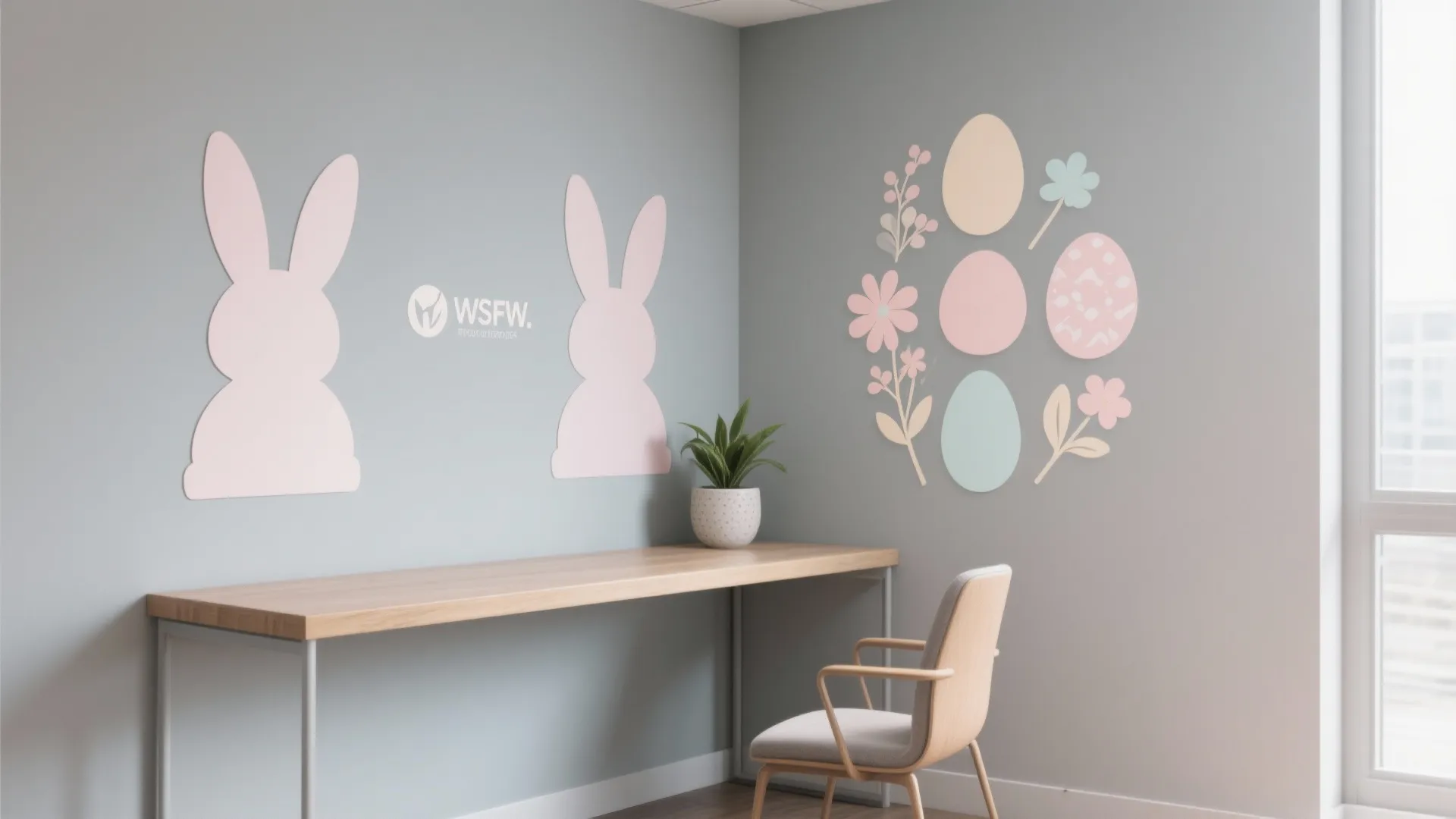 Modern home office corner with wooden desk, grey chair, potted plant, and pastel wall stickers