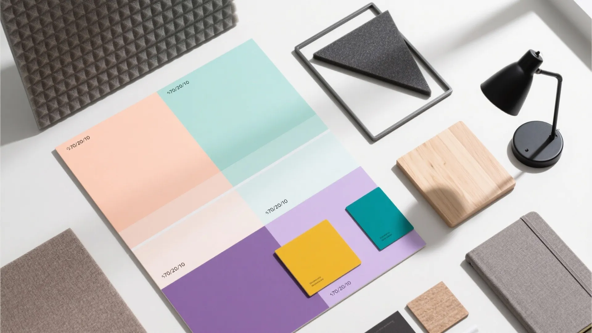 Interior design mood board with pastel color swatches a black desk lamp and wooden samples