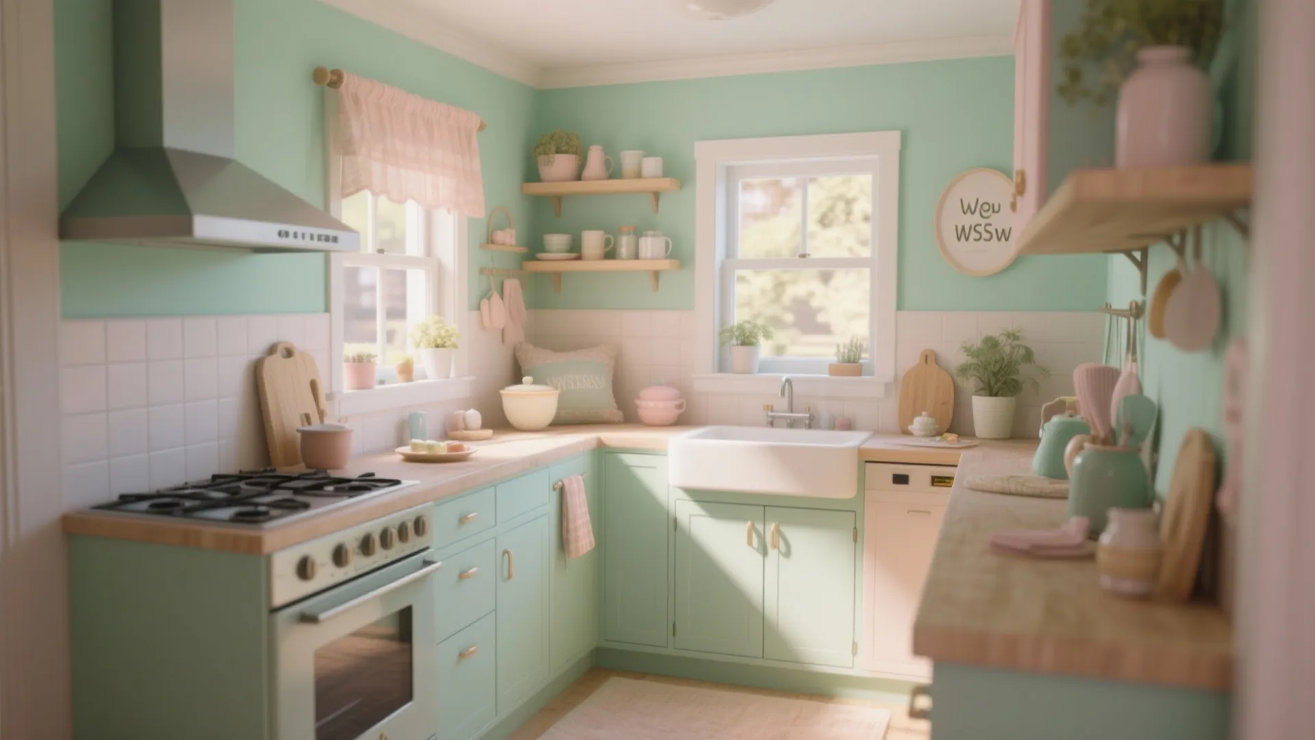 Small green kitchen with wooden countertops white sink pink curtain stove and decorative wall shelves