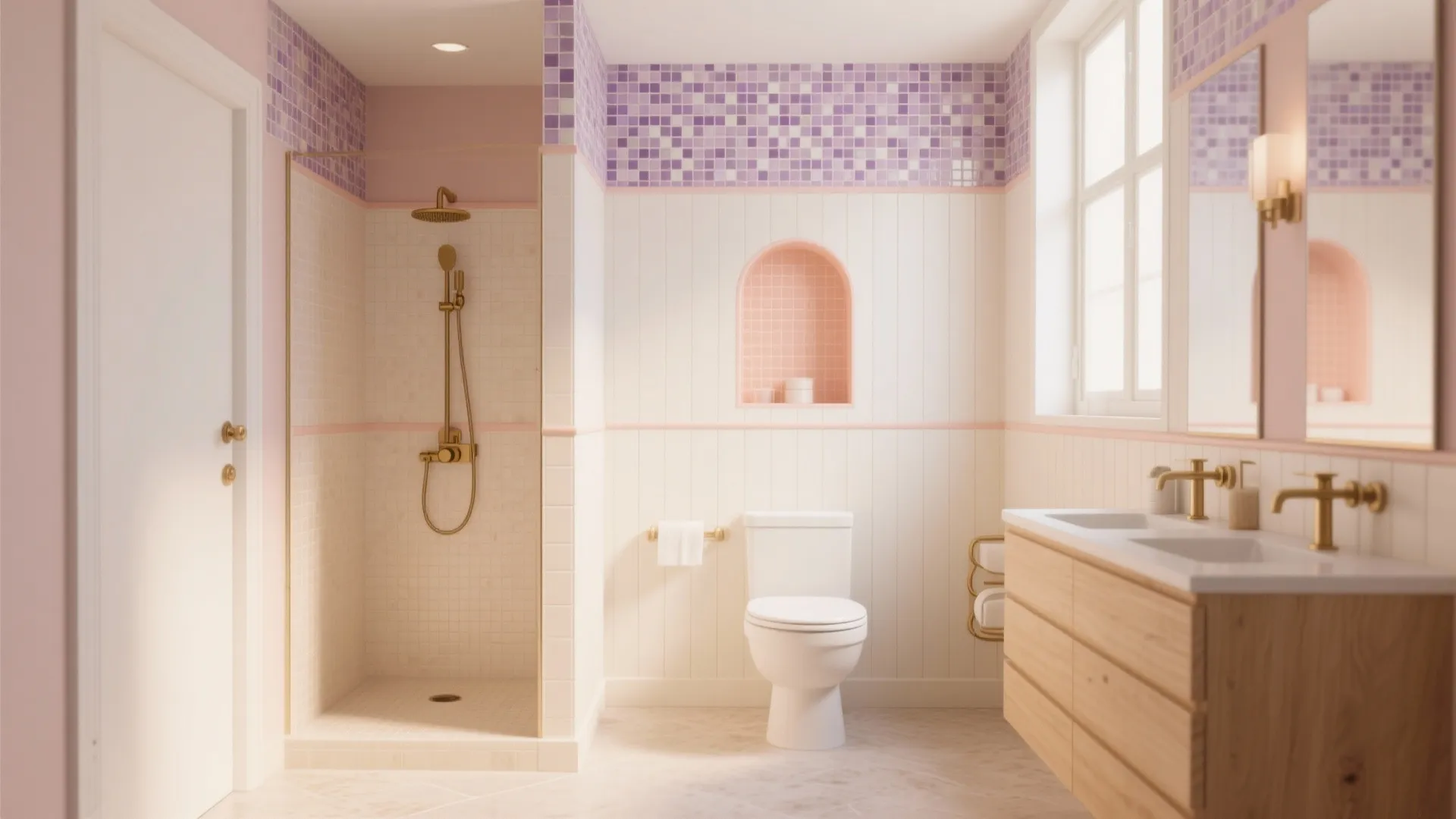 Bright bathroom with purple mosaic tiles pink walls shower area wooden cabinet and white toilet