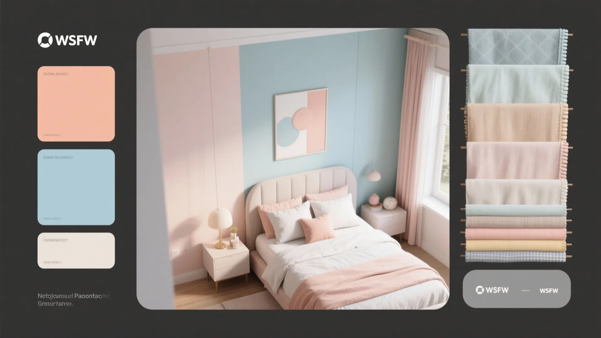 Pastel bedroom design with pink and blue walls, soft bedding, fabric samples, and color palette