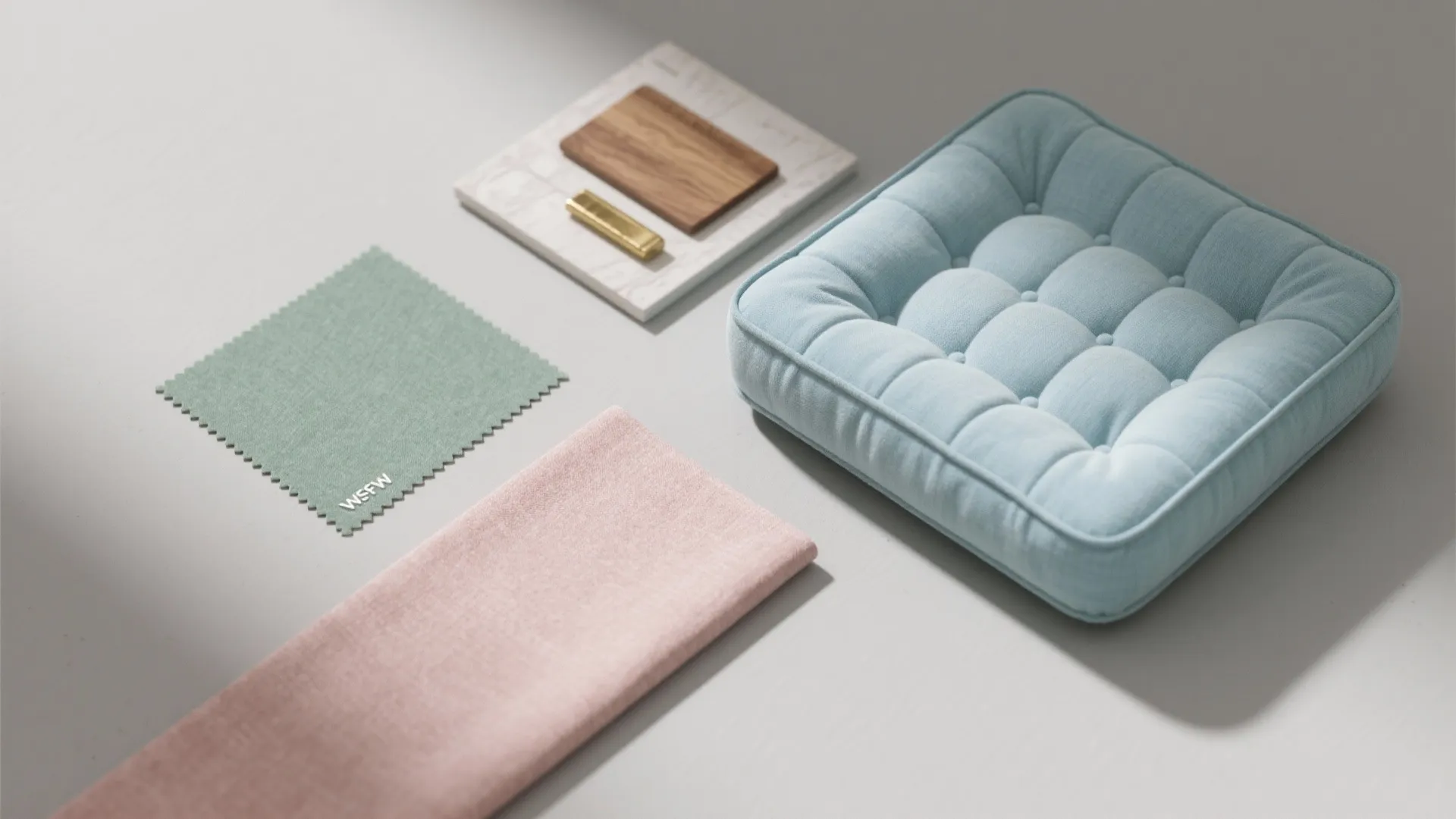 Material board with light blue cushion pink fabric green swatch and wooden floor sample piece