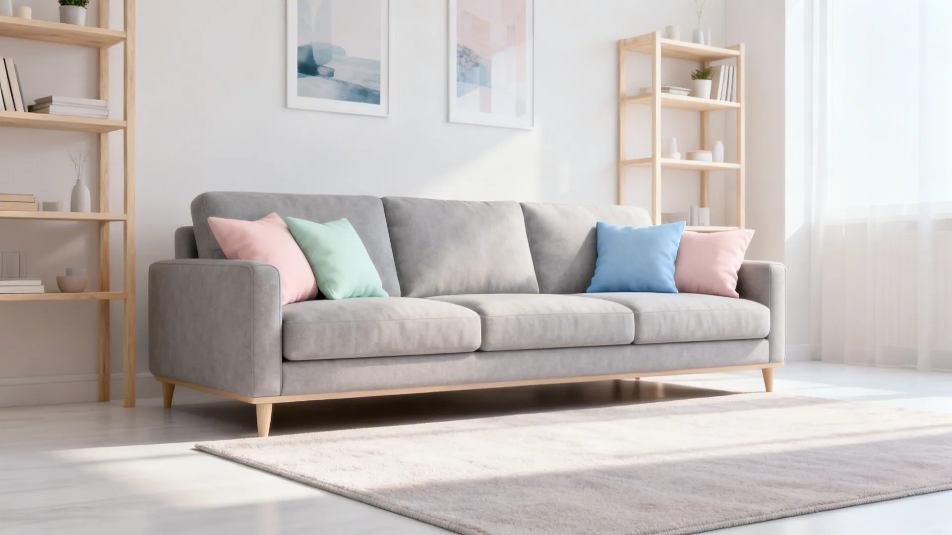 Minimalist living room featuring grey sofa with pastel pillows, wooden bookshelves, rug, and natural light