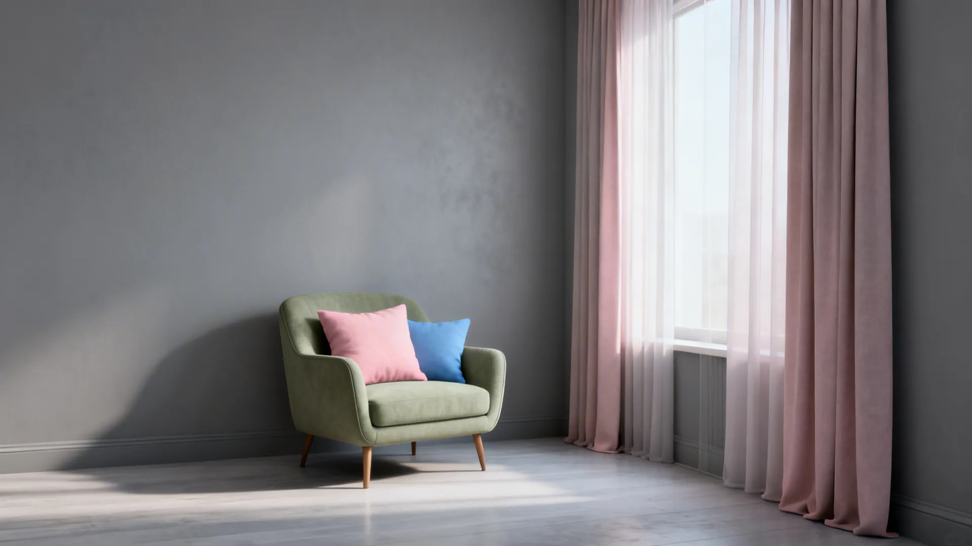 Small living room with grey walls and soft pastel accents in blush, sage, and powder blue.