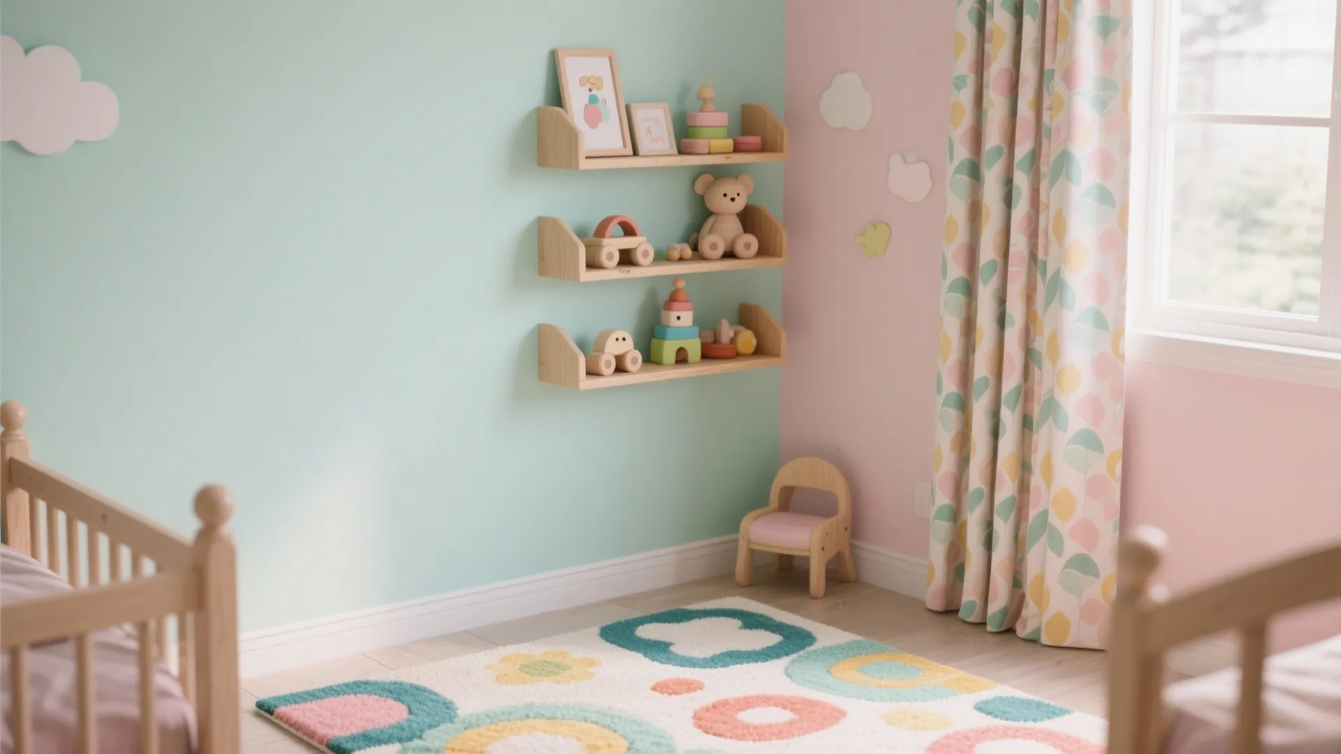 Kids playroom with pastel green and pink walls wooden shelves colorful rug and small chair