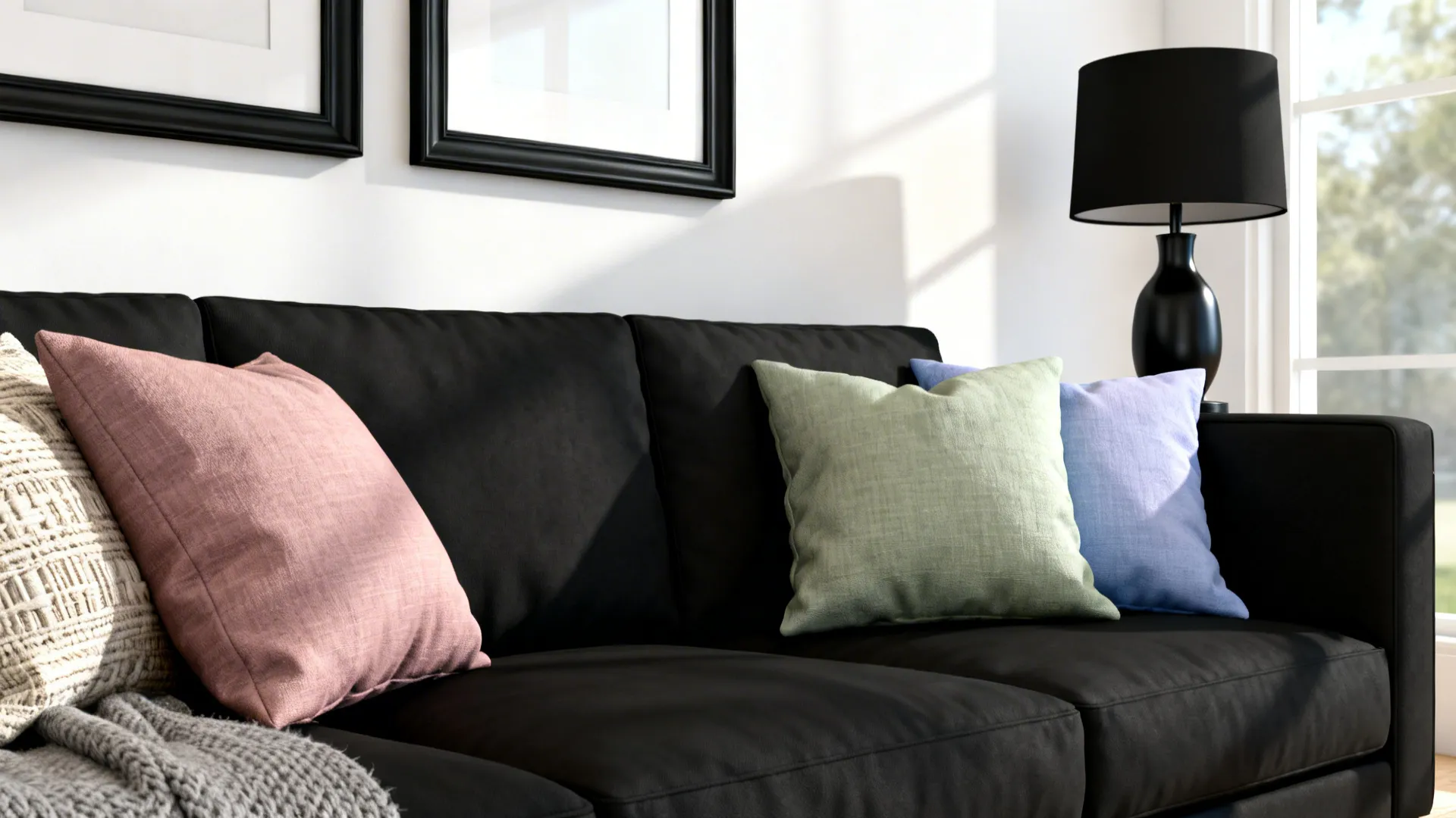 Black sofa styled with muted pastel cushions and black accents in a modern living room