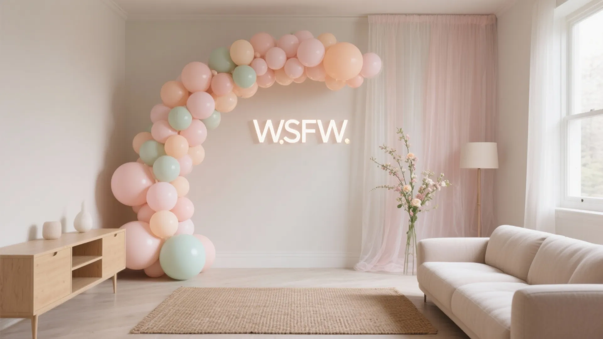 Living room party decoration with pastel balloon arch neon sign white sofa and wooden cabinet furniture