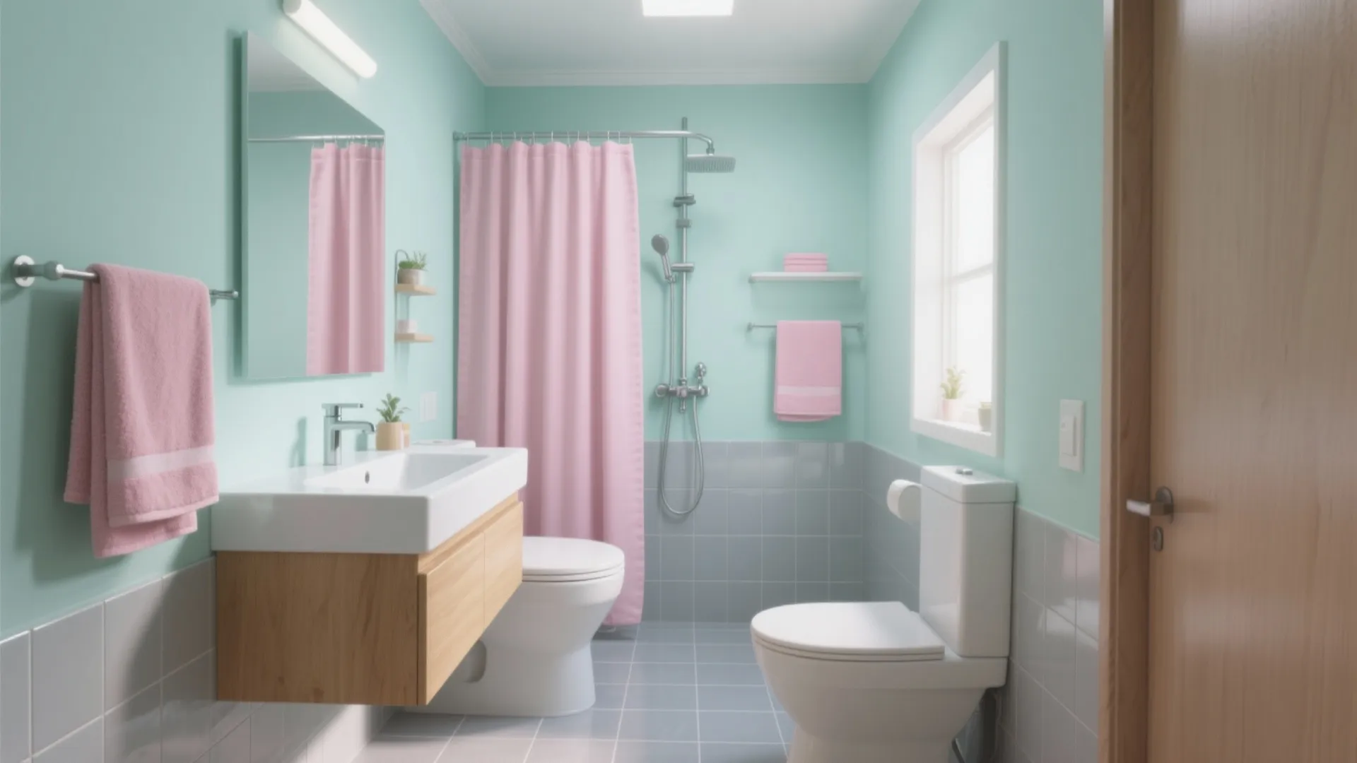 Small bathroom styled in a pastel anime palette with mint walls, blush towels, dove-gray tiles and a warm wood vanity.