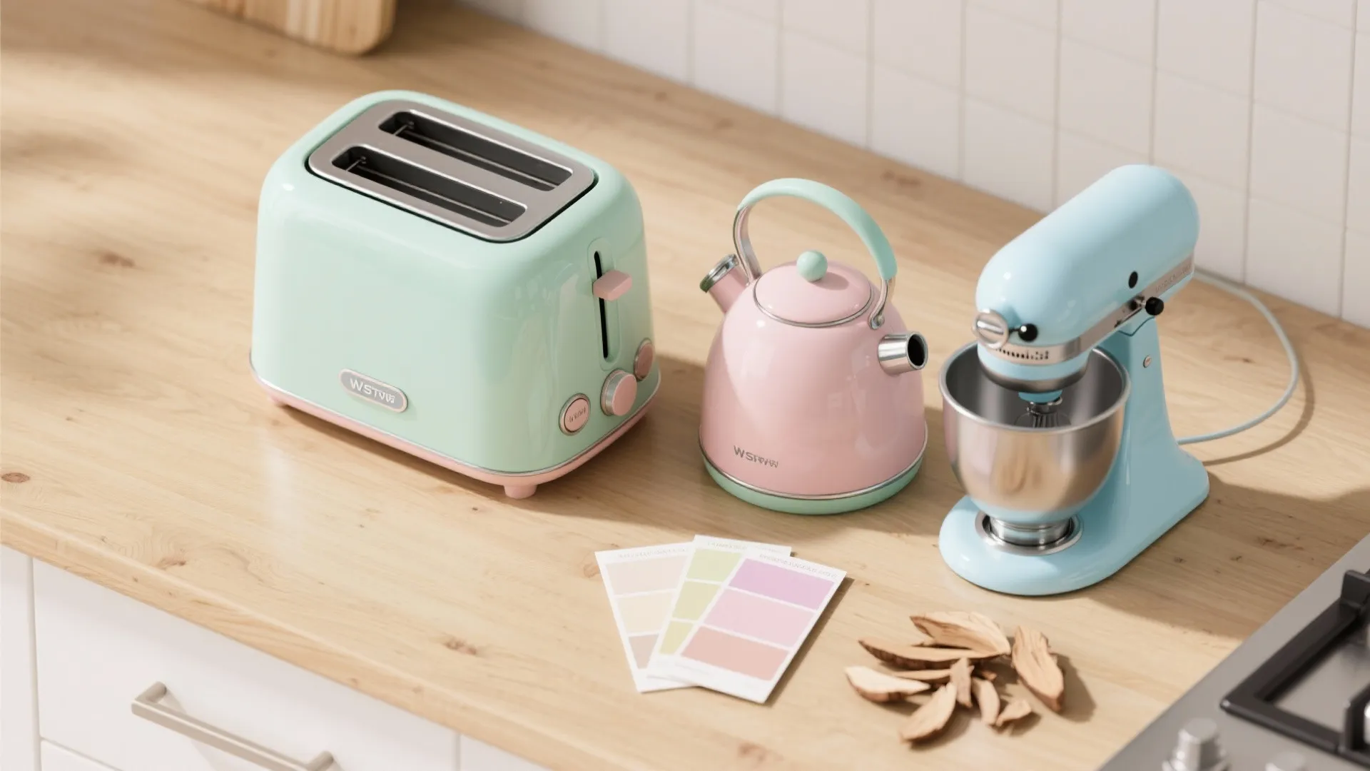 Flatlay of pastel kitchen appliances and sample swatches on light oak.
