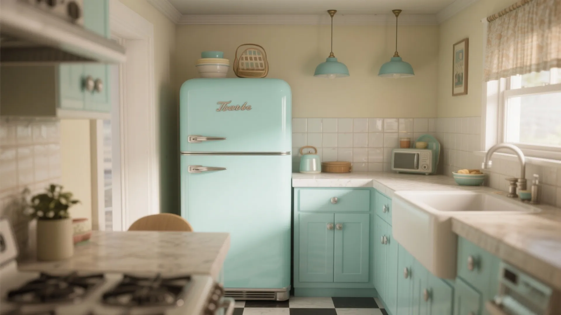 Small kitchen with a mint pastel fridge and coordinated soft-blue accents for retro charm.