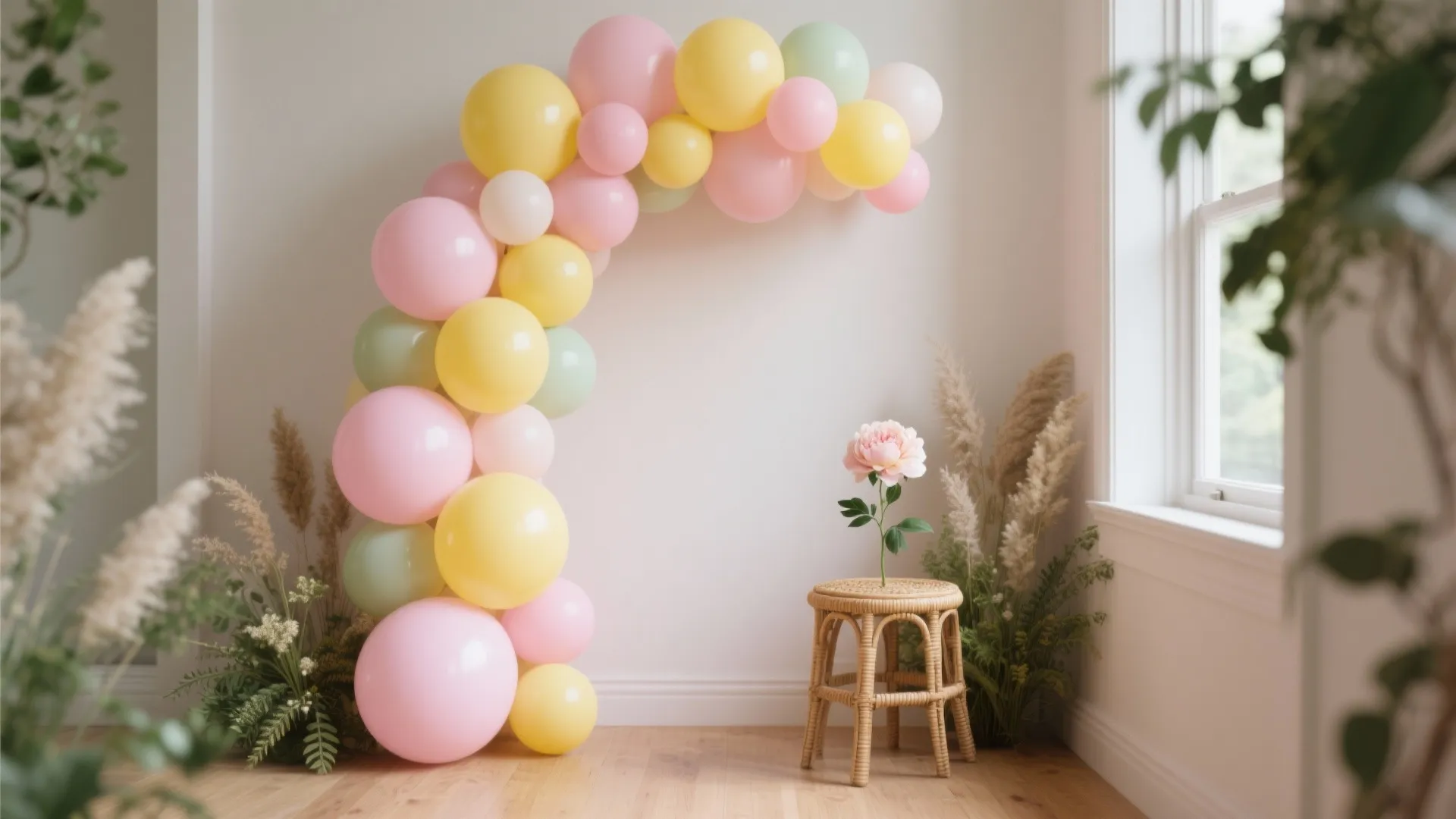 Soft Pastel Balloon Arch + Minimal Garden Theme