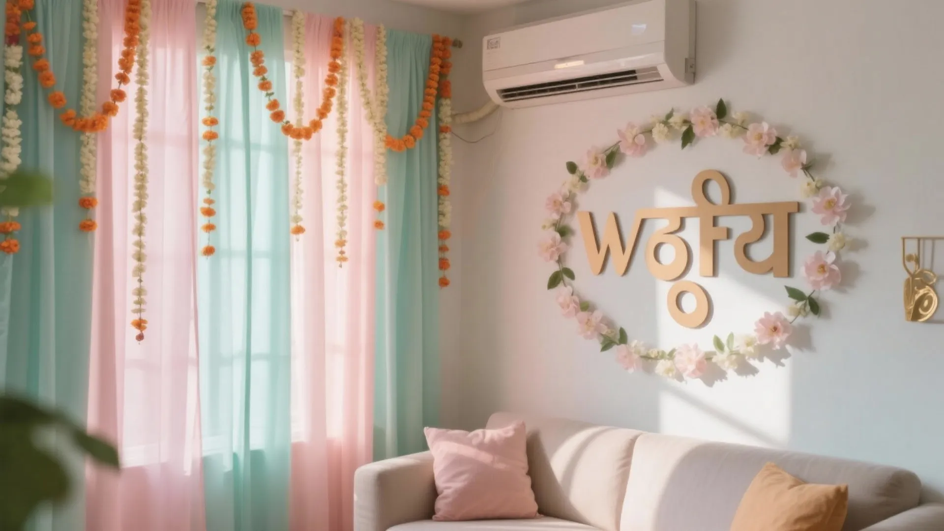 2) Pastel Floral Backdrop + Marathi Name Banner