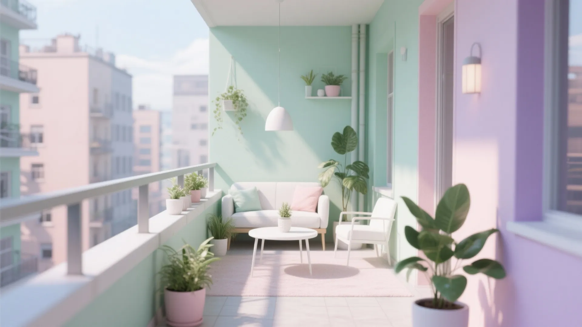 Pastel green and pink balcony with white sofa white coffee table white chair and plants