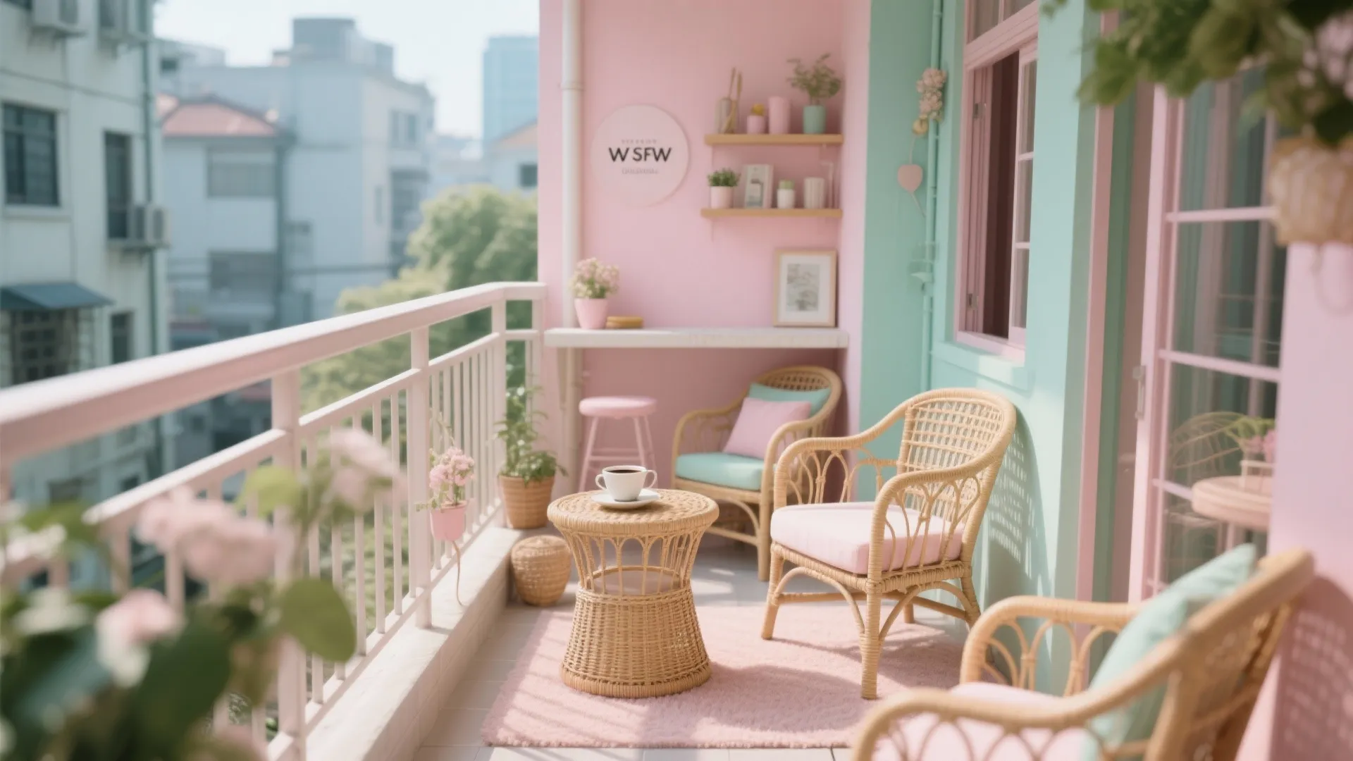 Small pink balcony with woven chairs round table tea cup potted plants and city view window