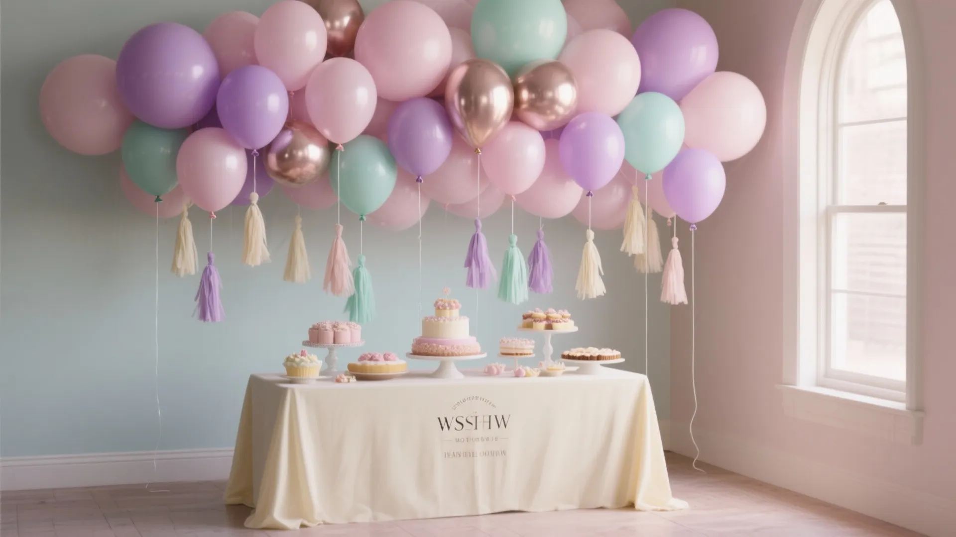 Pastel Balloon Cloud Above the Dessert Table
