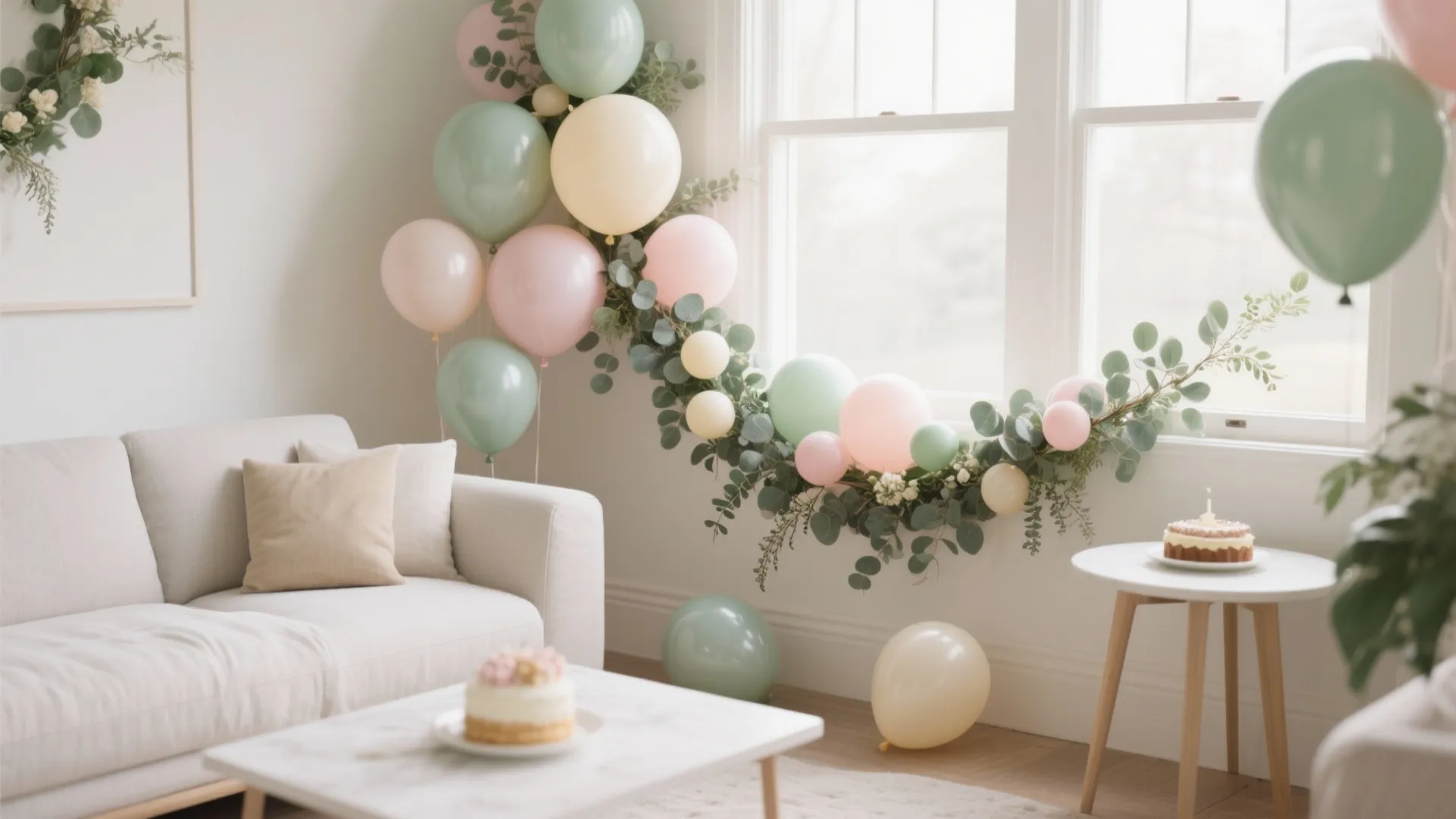Living room party decoration with pastel balloons green leaves cream sofa small table and two cakes