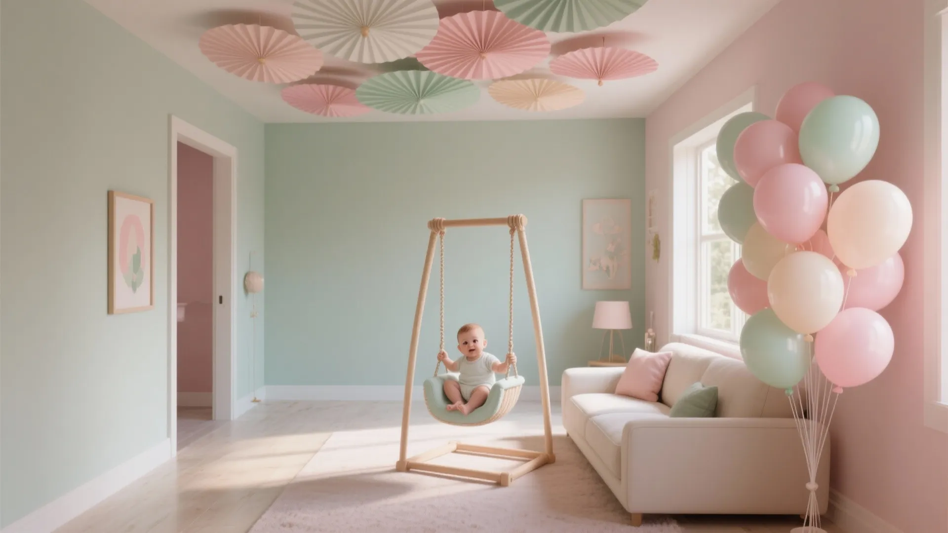 Pastel Balloons, Paper Fans, and an Airy Corner Flow