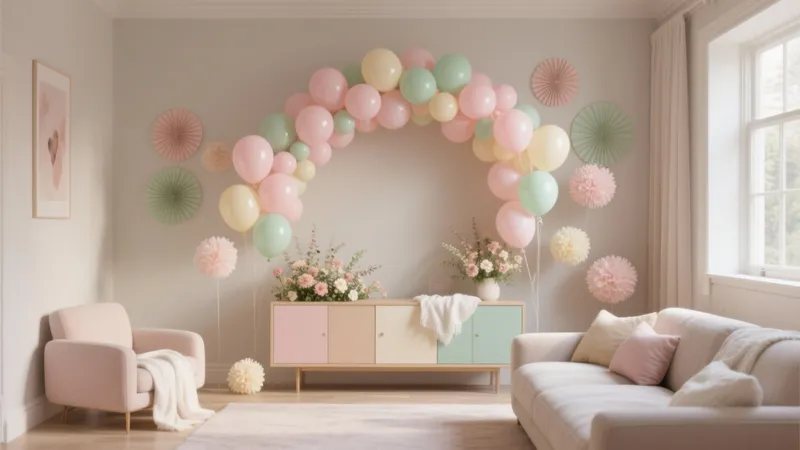 Pastel Party Living Room with Balloon Arch & Soft Decor