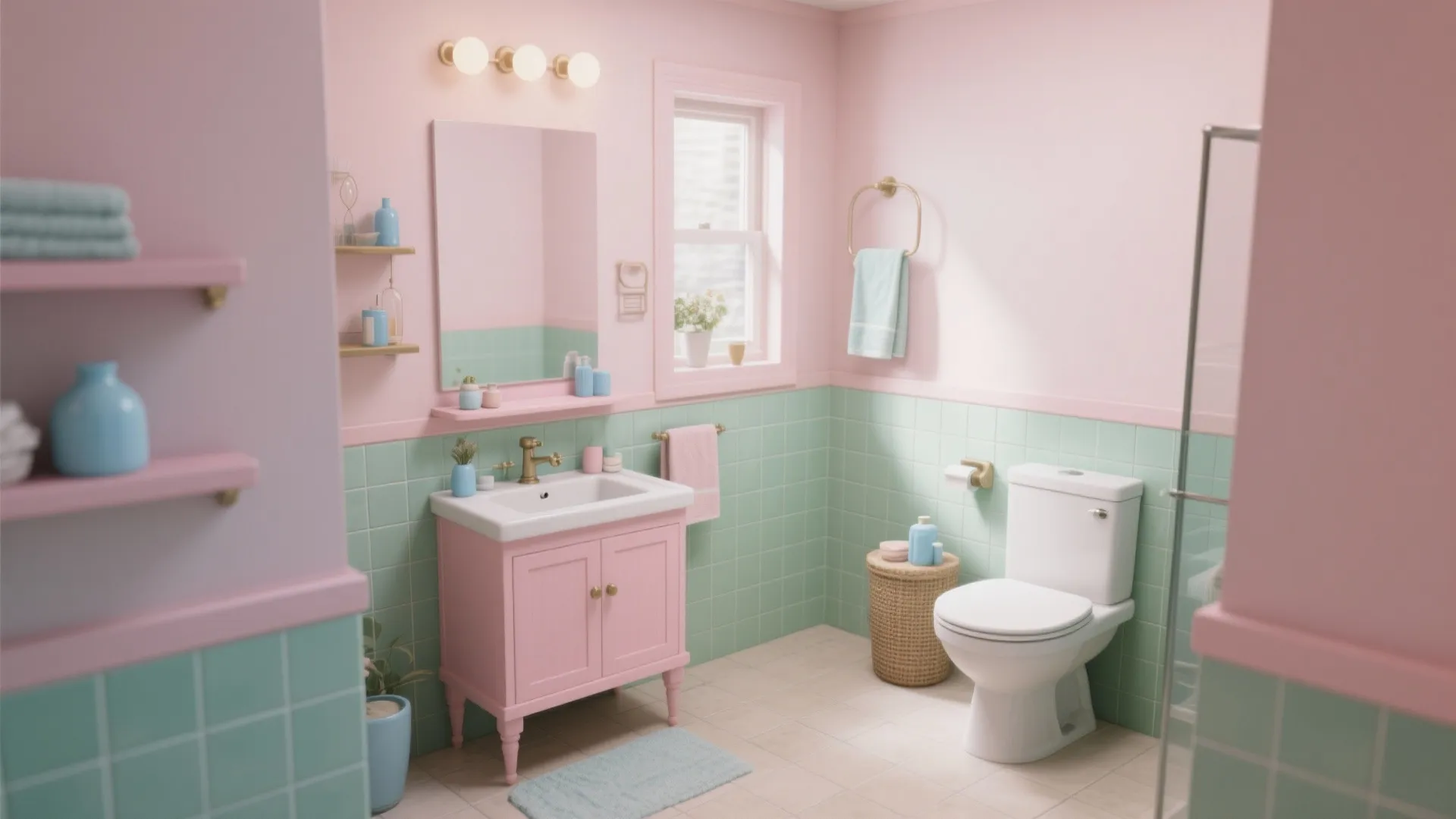 Pastel pink and green bathroom with pink cabinet white toilet green tiles and gold wall light