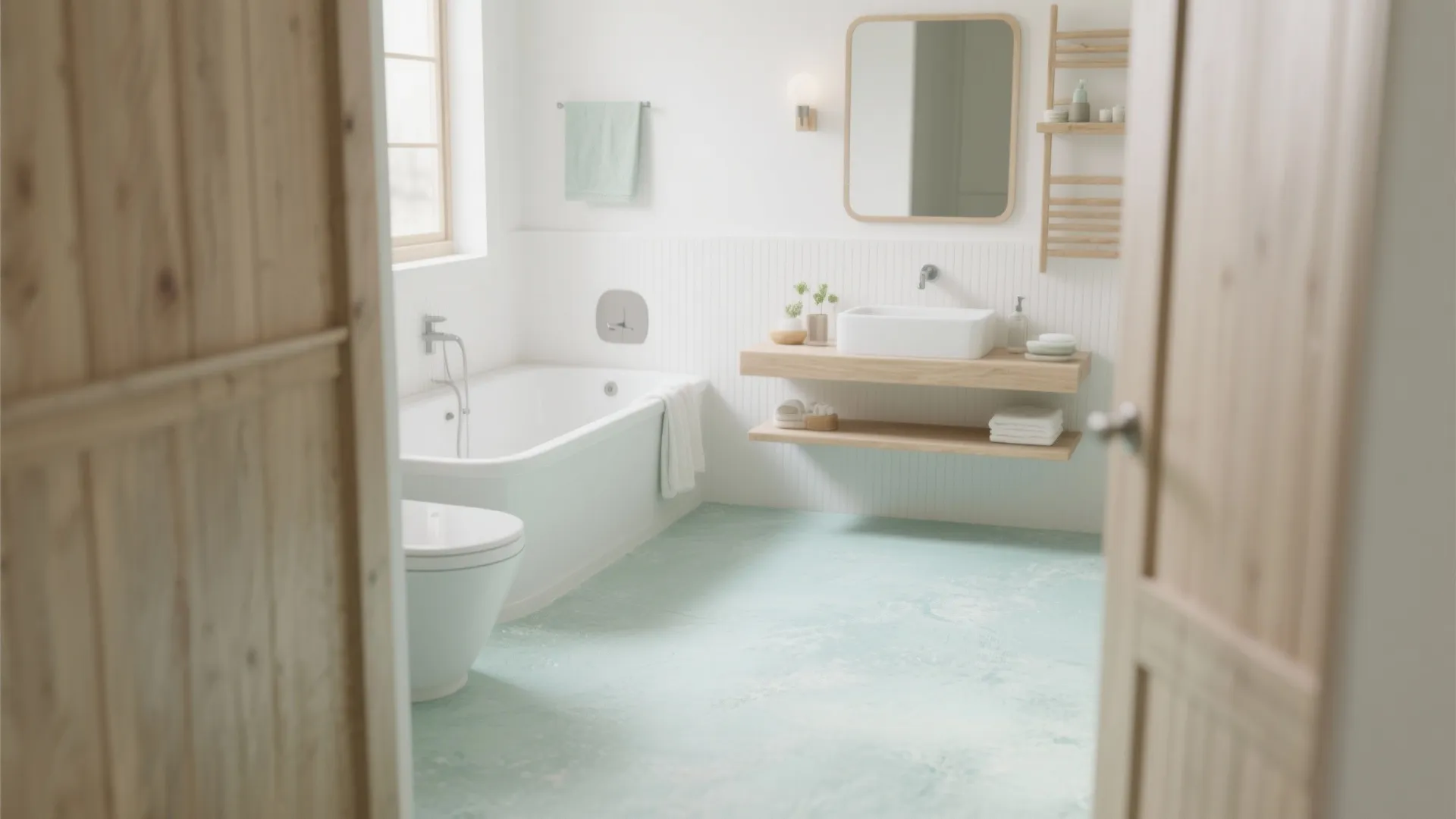 Bright bathroom with light blue floor including white bathtub wooden shelves white toilet and mirror