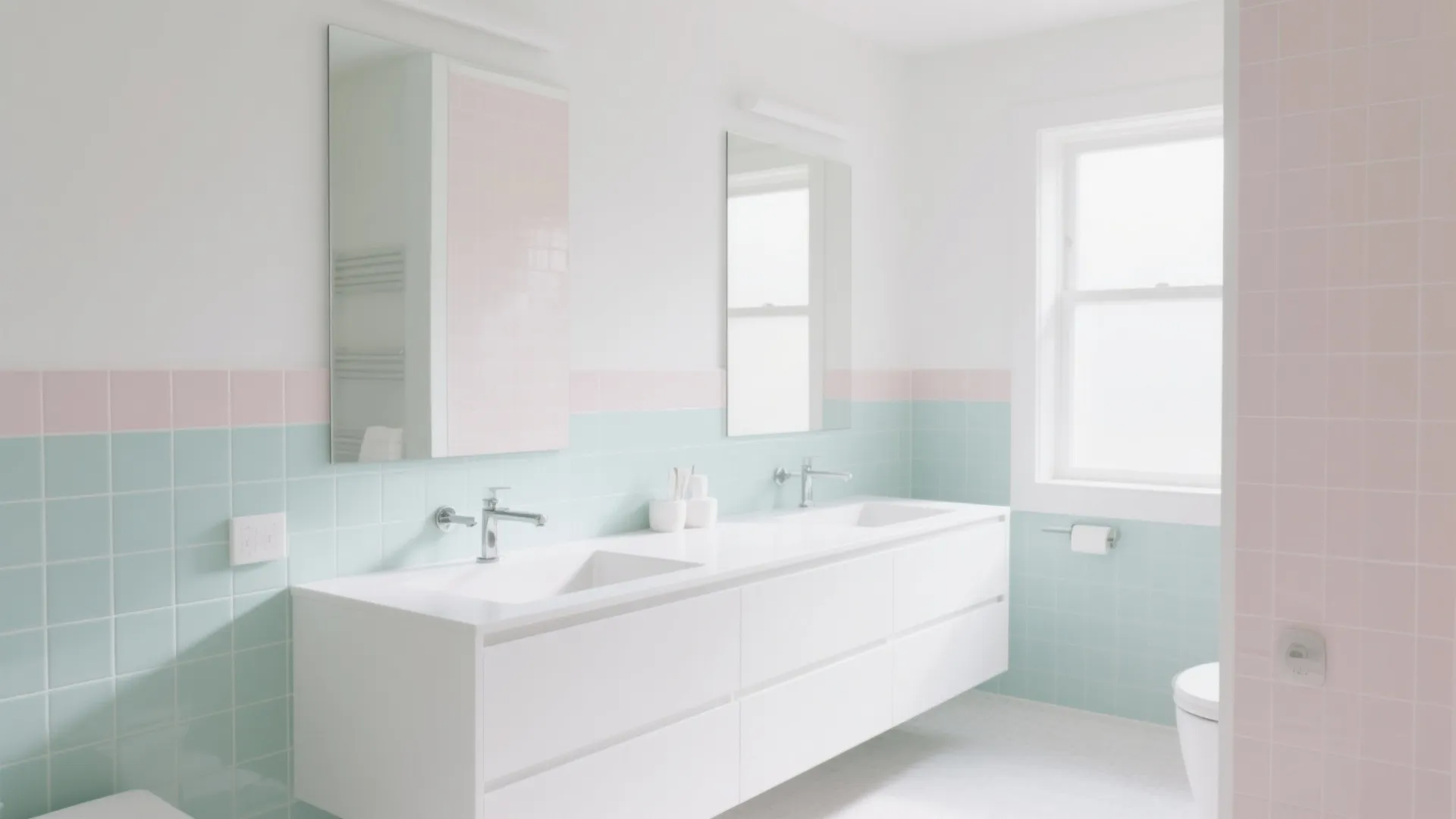 White vanity with mint and blush pastel tiles brightened by daylight