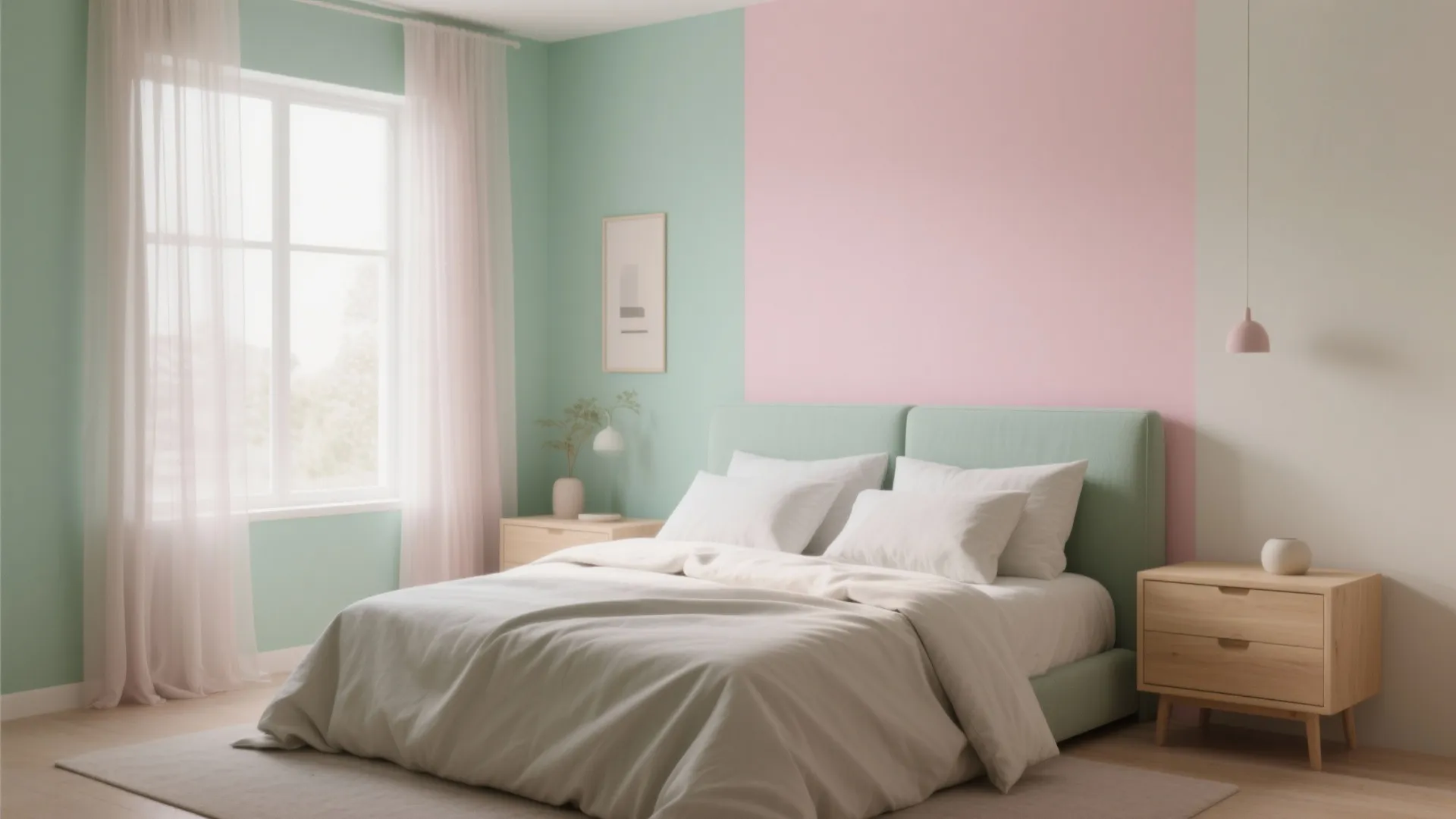 Modern bedroom with pastel pink and green walls featuring a green bed and wooden nightstands