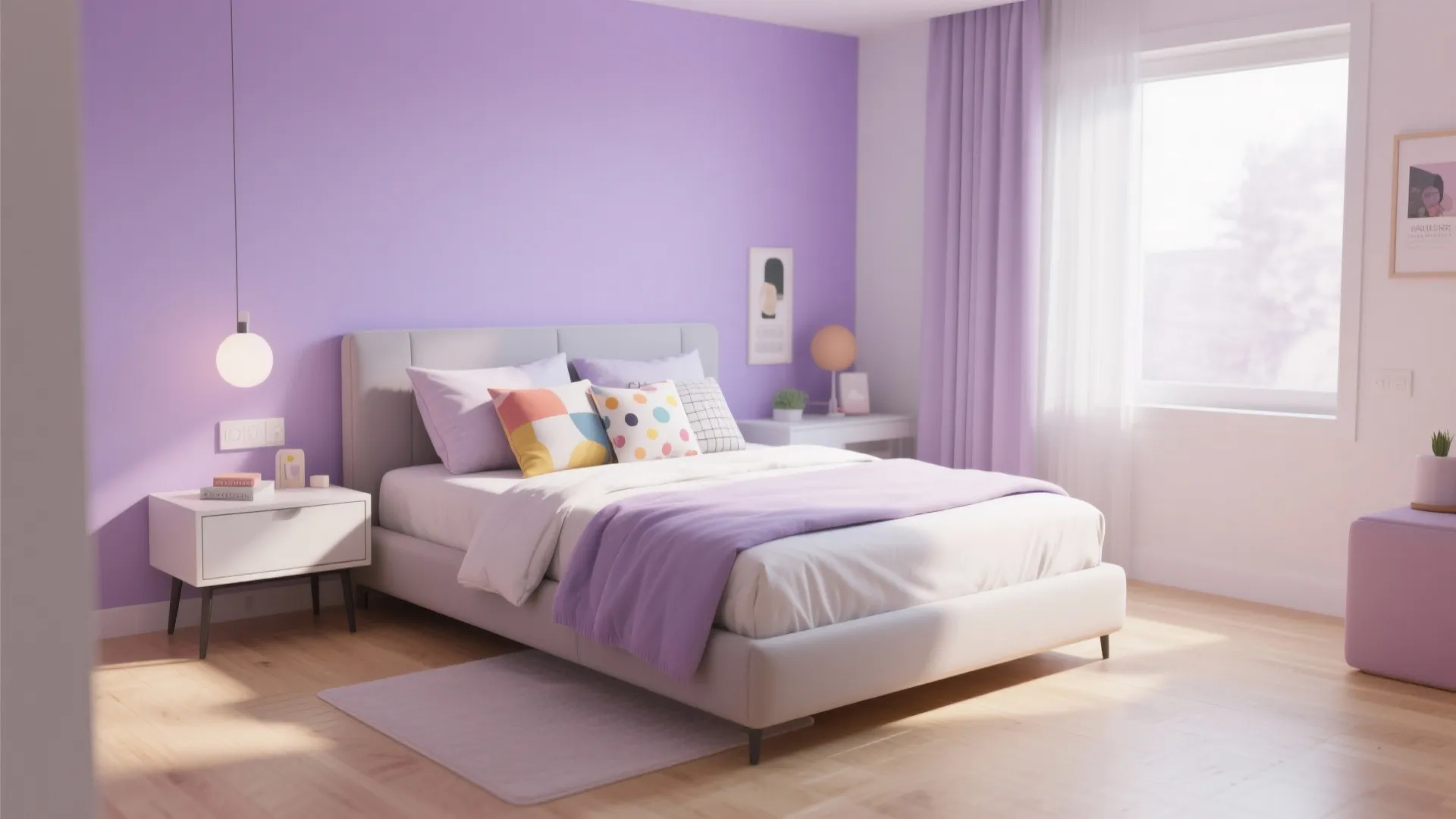 Soft purple bedroom with white bed frame and colorful pillows under a hanging ball light