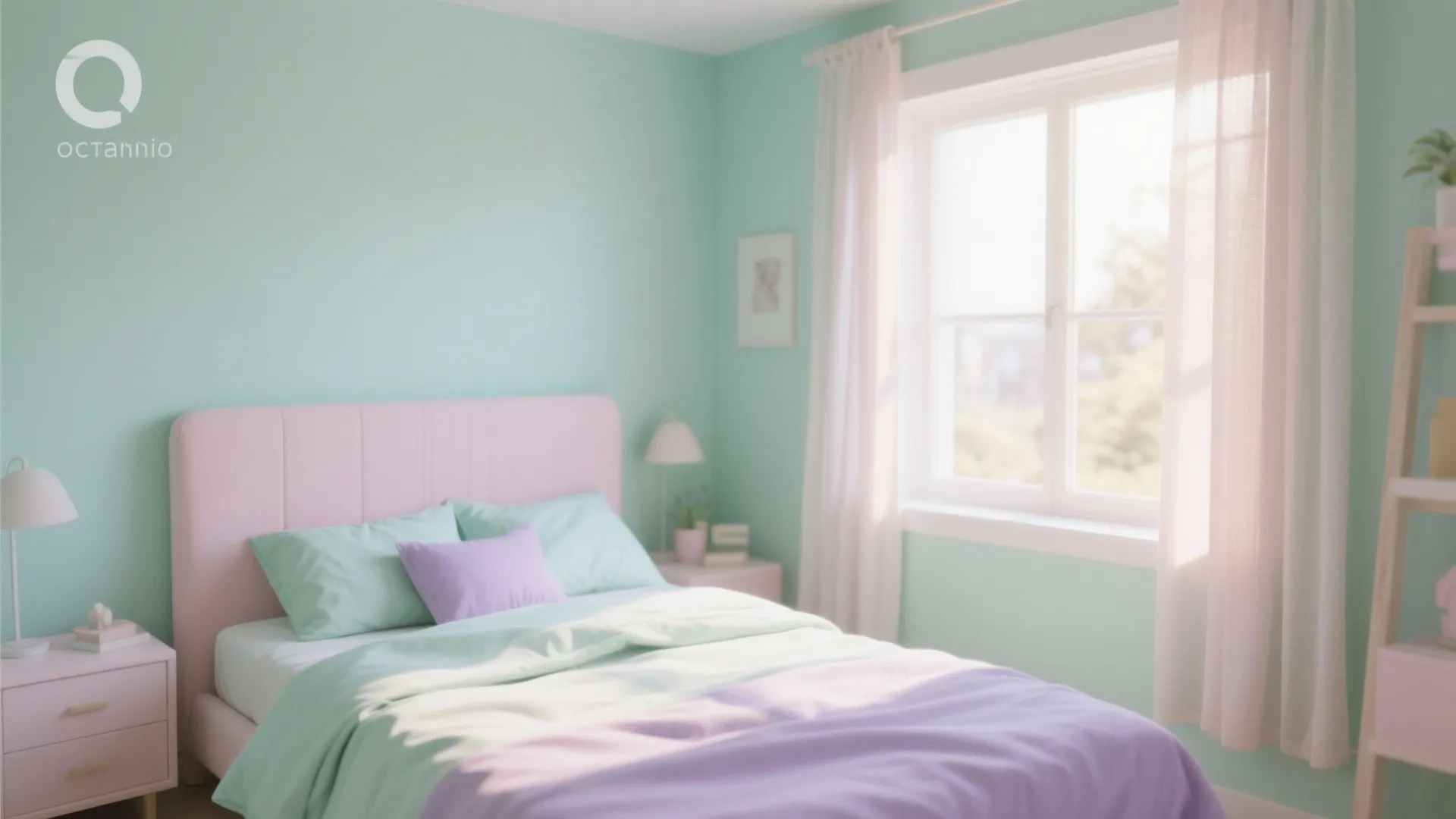 Light pastel blush, mint, and lavender bedroom with soft textiles