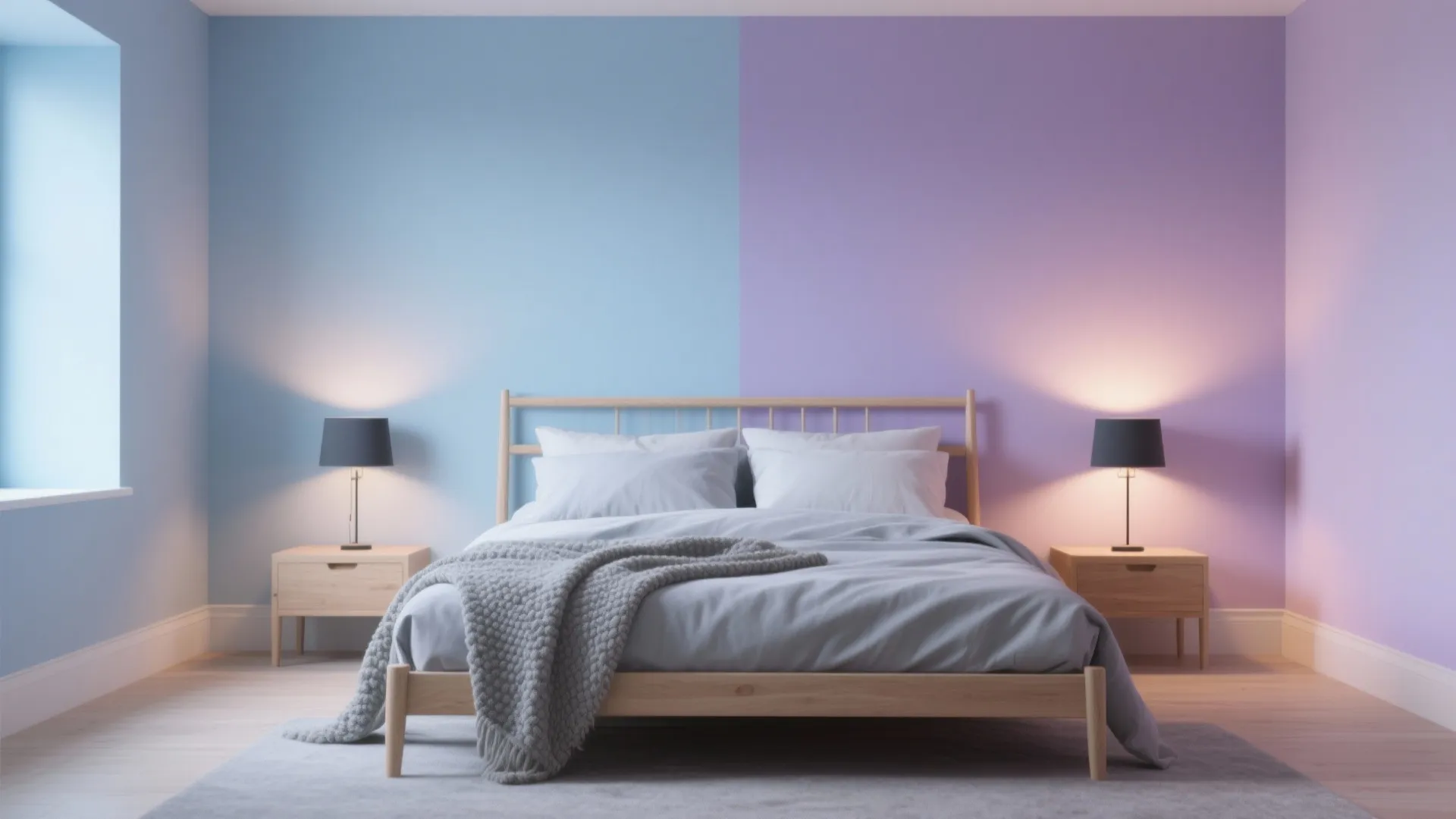 Minimalist bedroom with blue and purple walls wooden bed frame two nightstands and table lamps