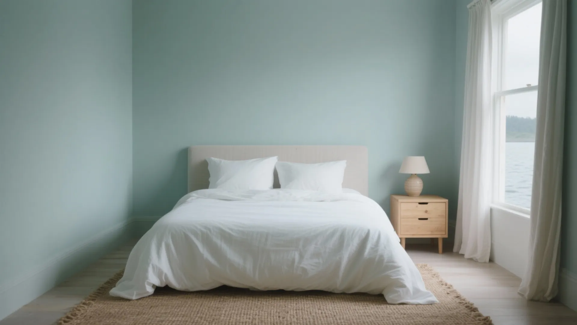 Small bedroom with misty pastel blue-green matte distemper walls, white bedding, cotton drapes, and a jute rug
