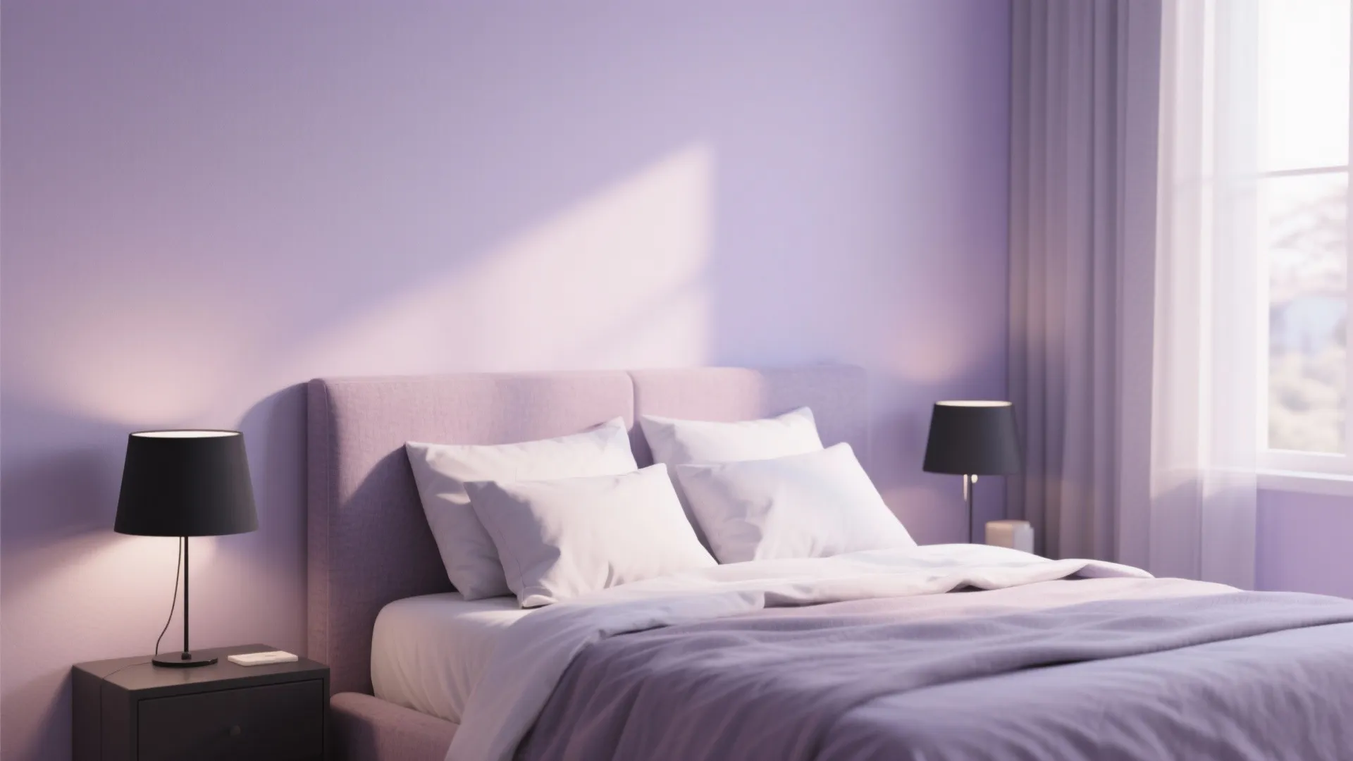 Modern bedroom with purple walls white pillows black table lamps on dark nightstands and natural light