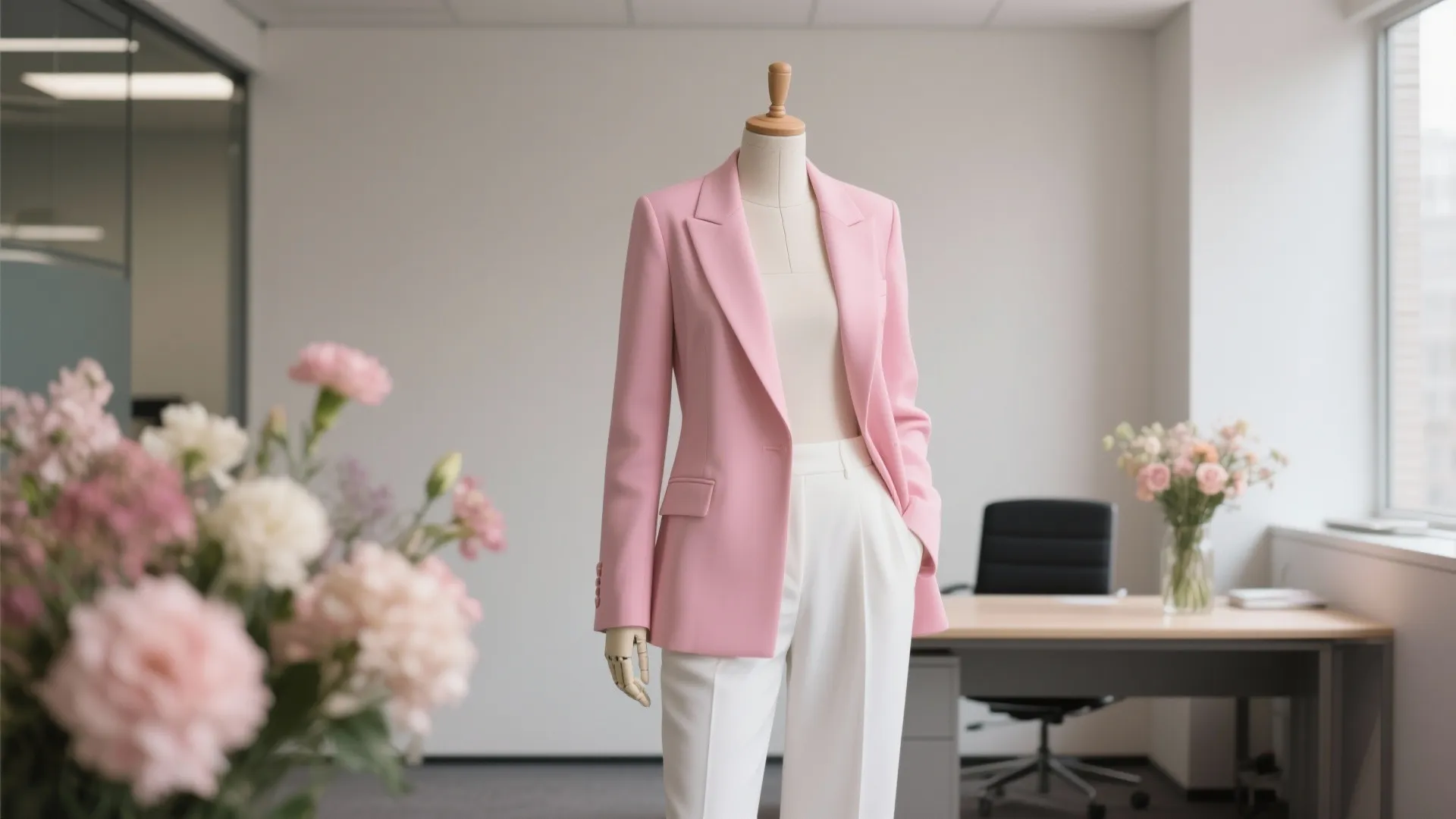 Blush blazer with tailored white trousers in office setting