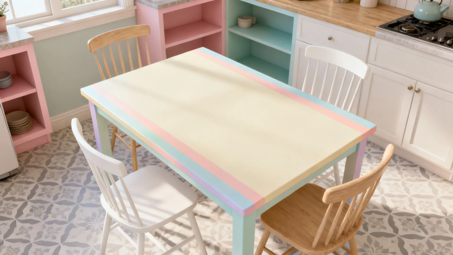 Small eat-in nook with a color-blocked pastel edge tabletop and a creamy center.