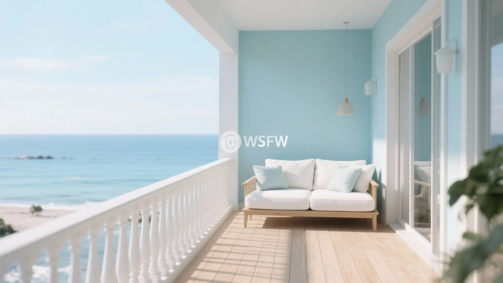 Light blue balcony with white sofa wooden floor white railing and a blue ocean view