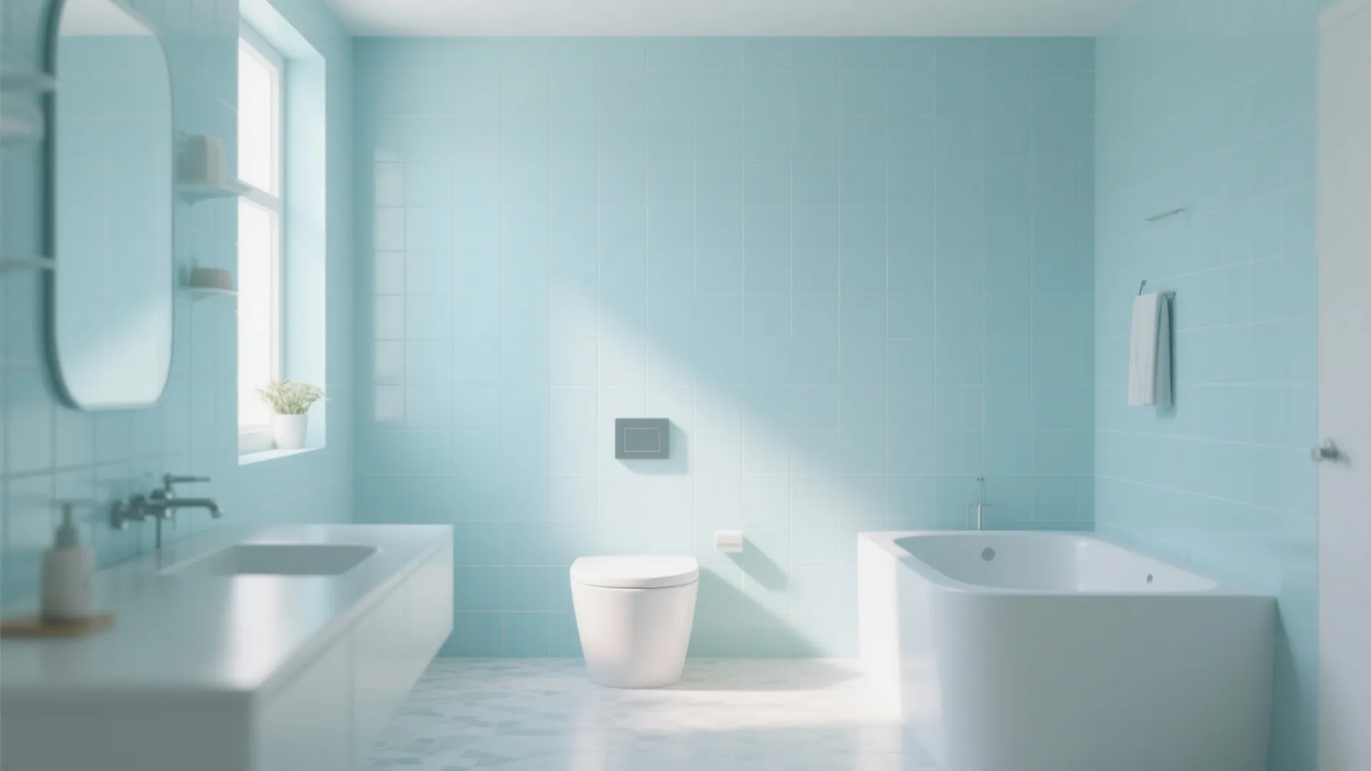 Minimalist bathroom with light blue wall tiles, white bathtub, toilet, sink, and bright natural window