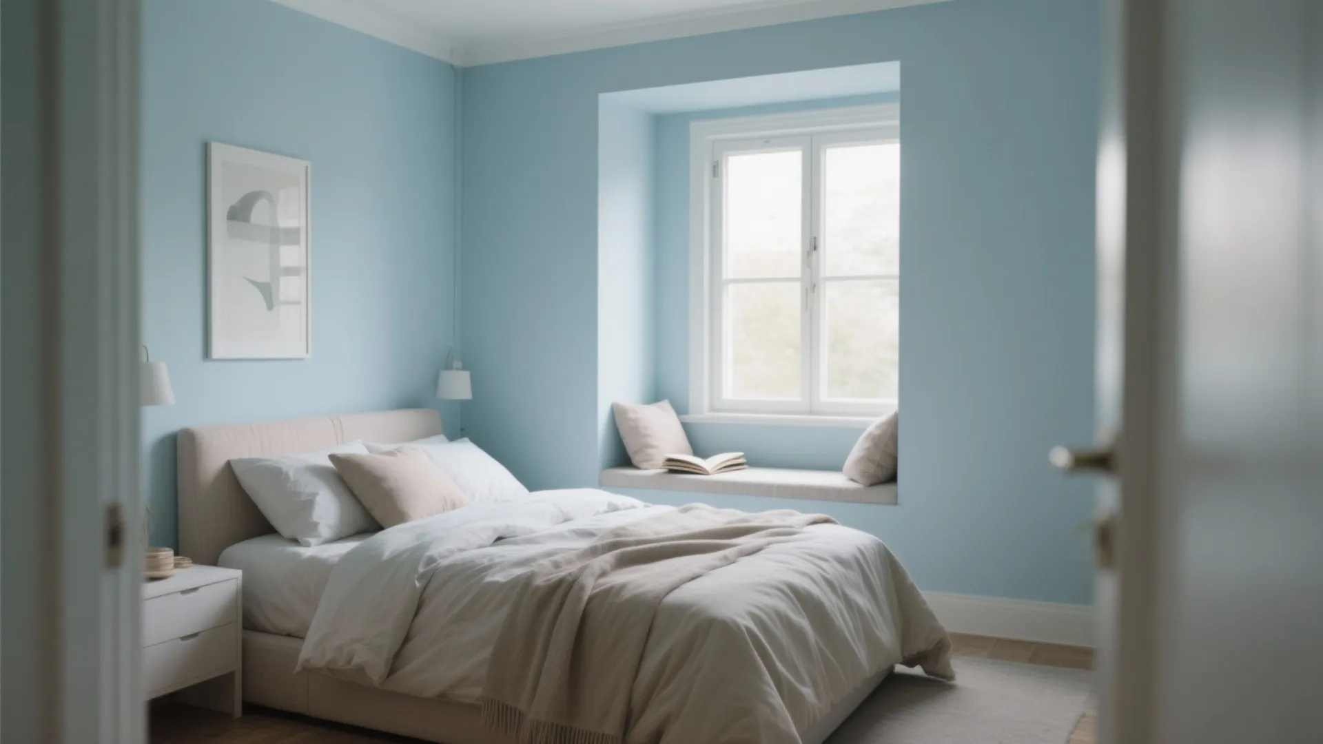 Light blue bedroom with large window seat and white bed plus wooden floor and wall panel