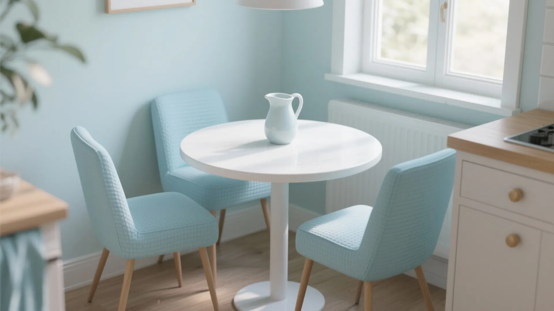 Bright breakfast nook with small white round table light blue chairs and a white pitcher