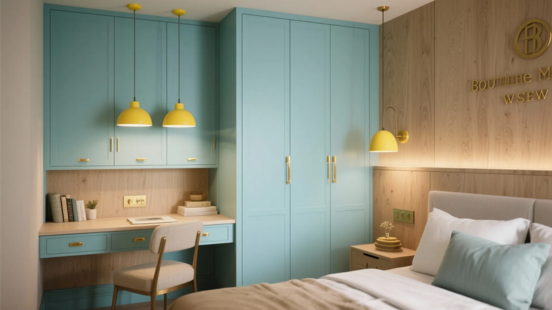 4. Pastel blue cabinetry with lemon-yellow lighting