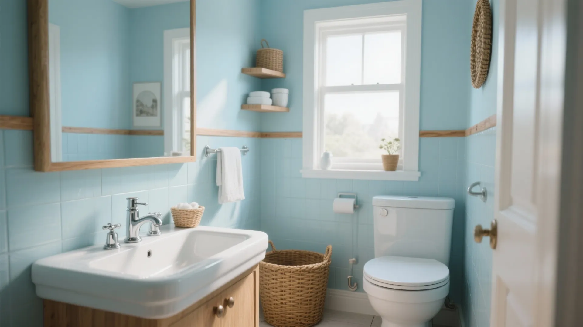 Light blue bathroom featuring a white sink cabinet toilet wood mirror and woven storage baskets