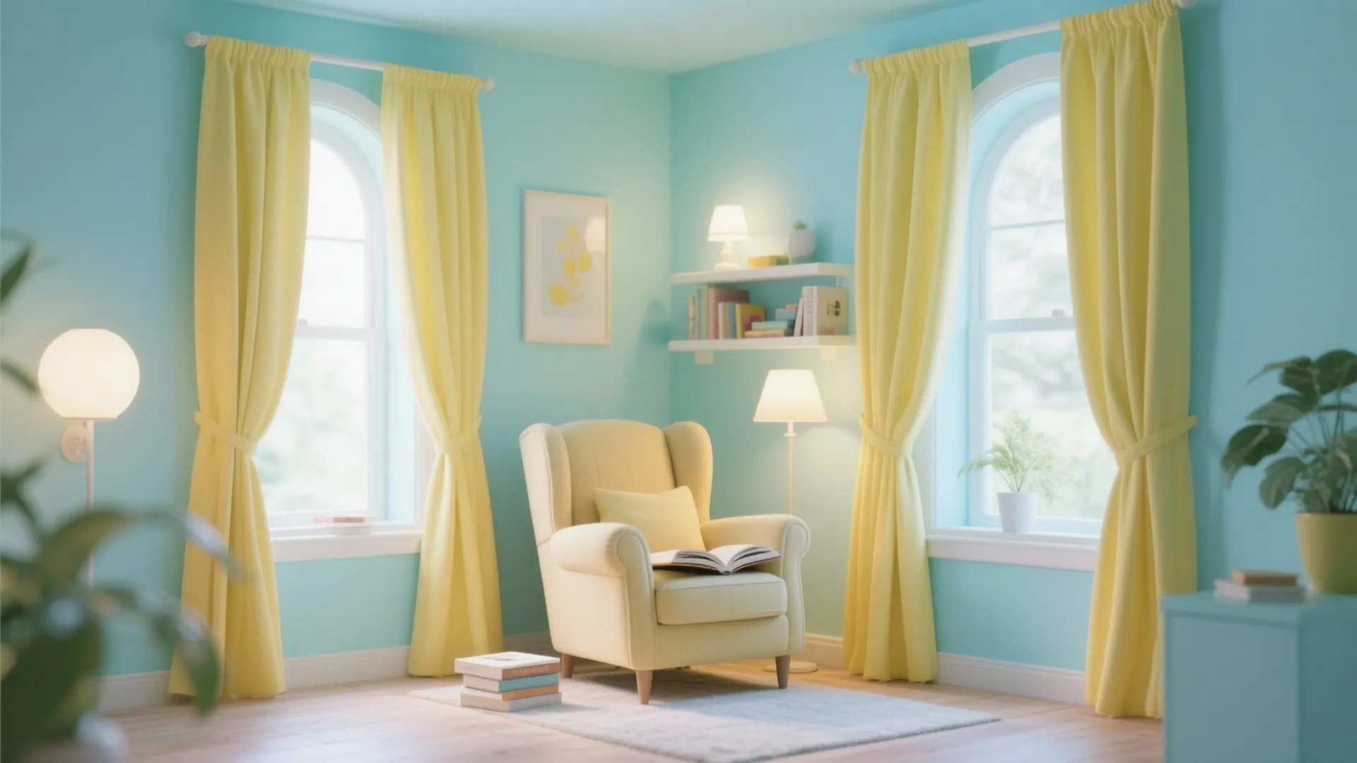 5. Pastel Blue Walls with Soft Lemon Curtains
