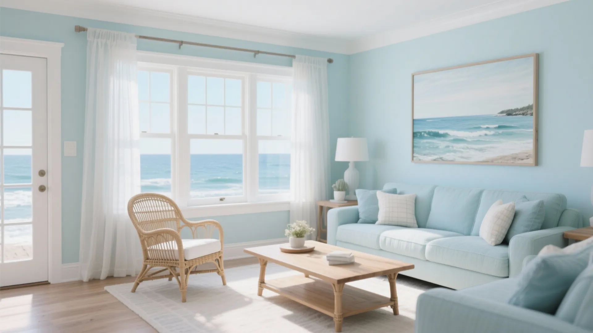 Blue living room with white sofa, wicker chair, wooden coffee table, and windows overlooking ocean
