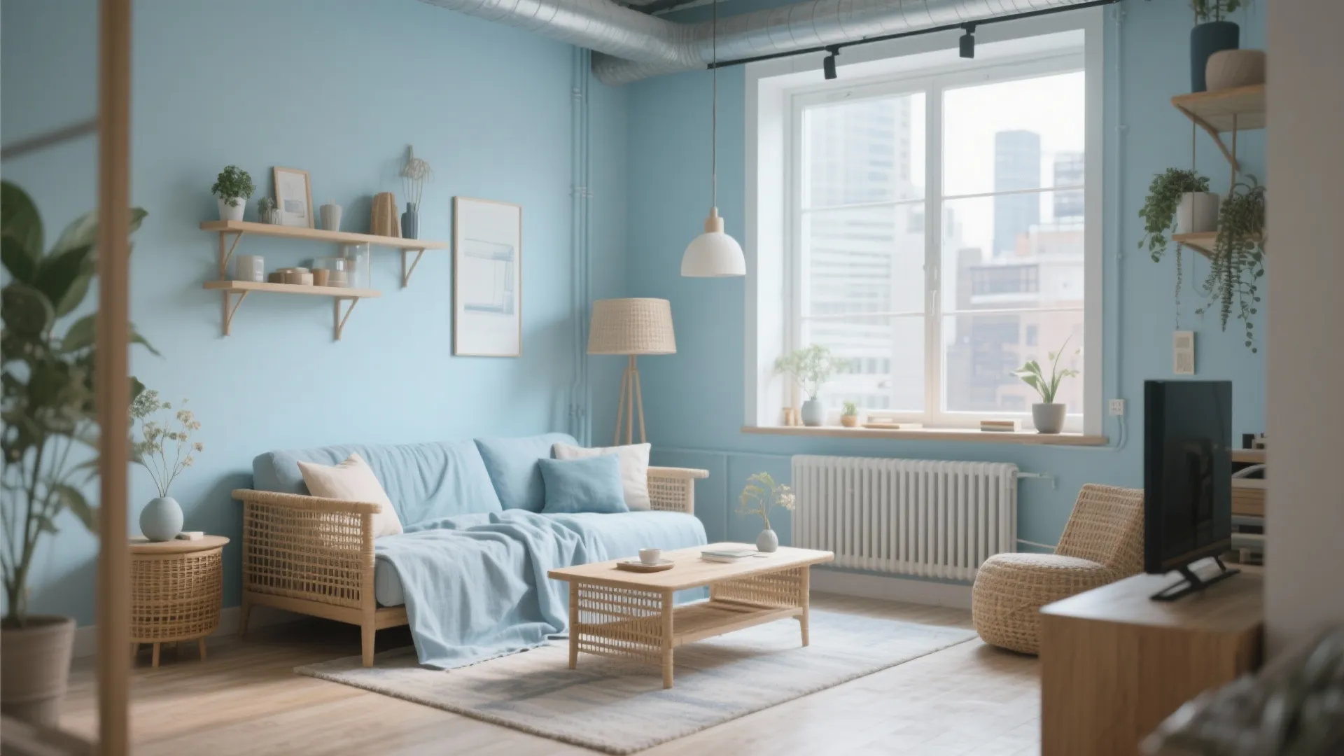 Bright light blue living room with wicker sofa wooden coffee table white windows and ceiling light