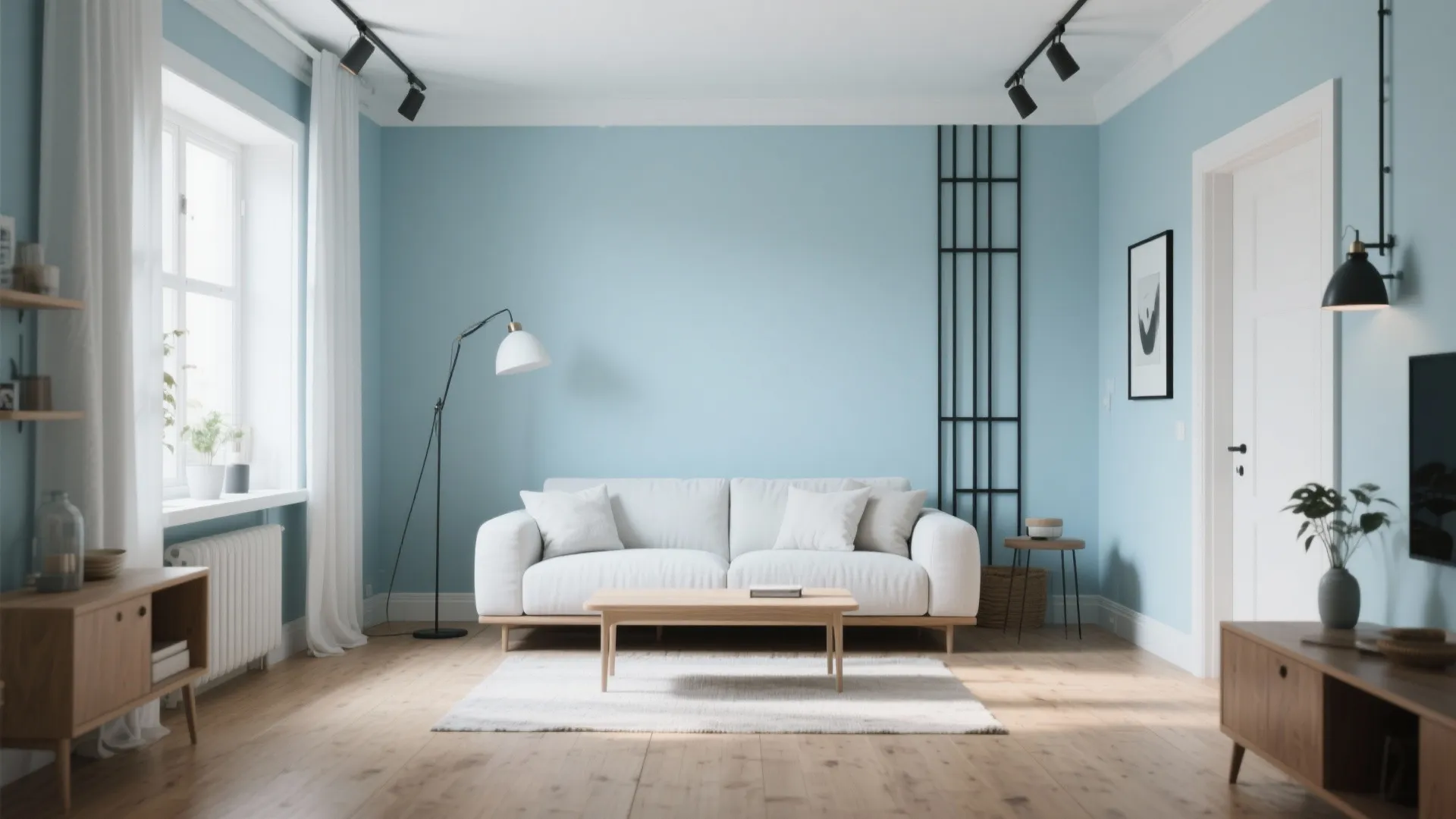 Scandinavian living room with pastel blue walls and minimalist decor