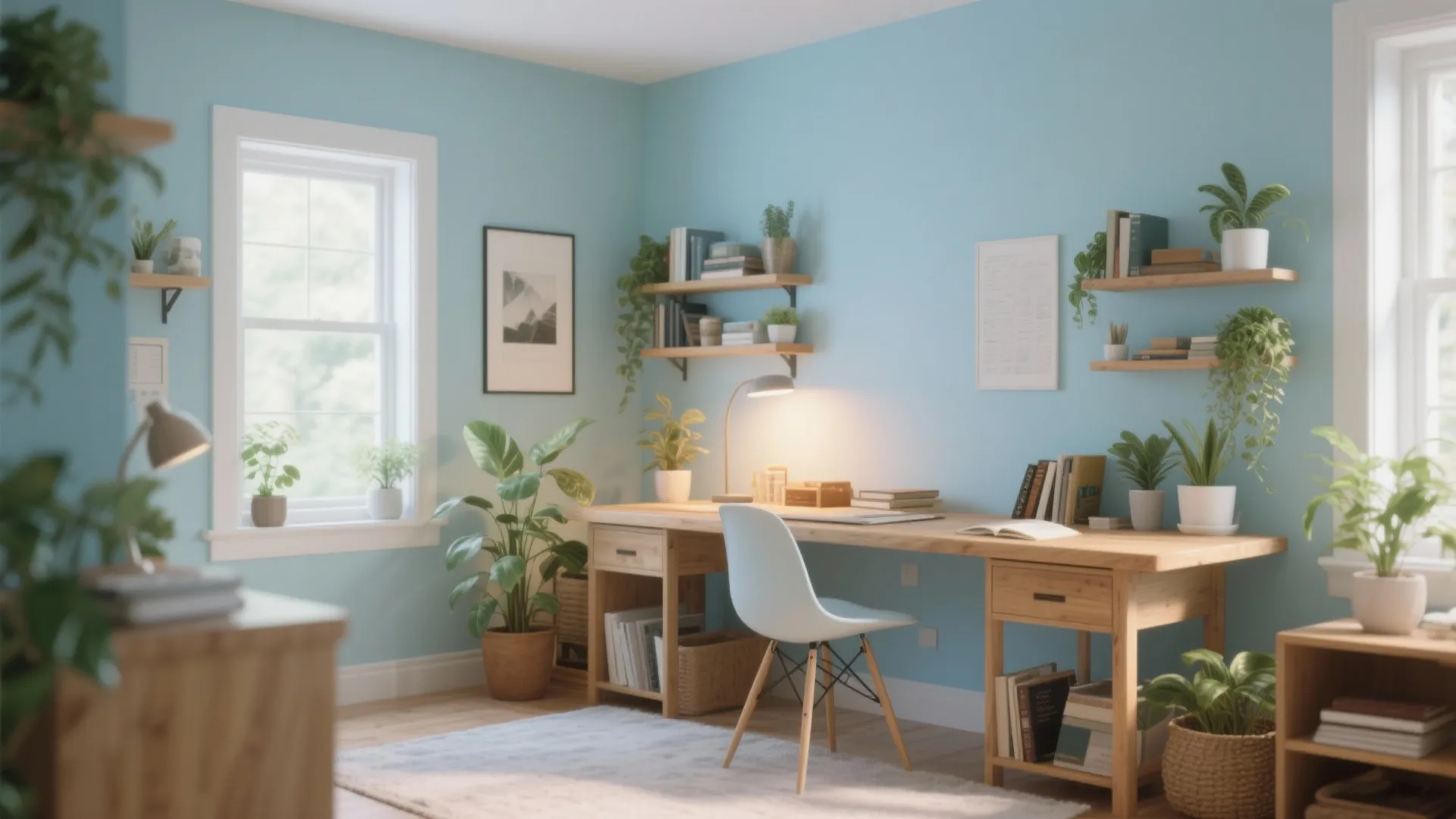 Pastel blue study room featuring wooden desk with lamp white chair green plants and wall shelves