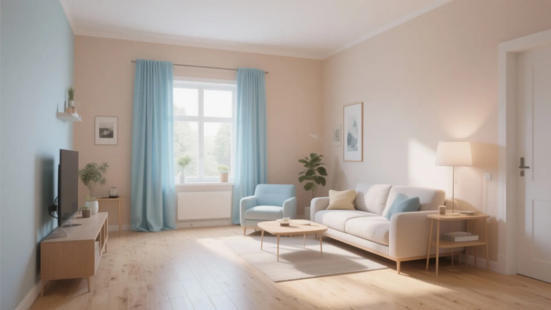 Pastel living room with light blue walls cream sofa blue armchair wooden floor and curtains
