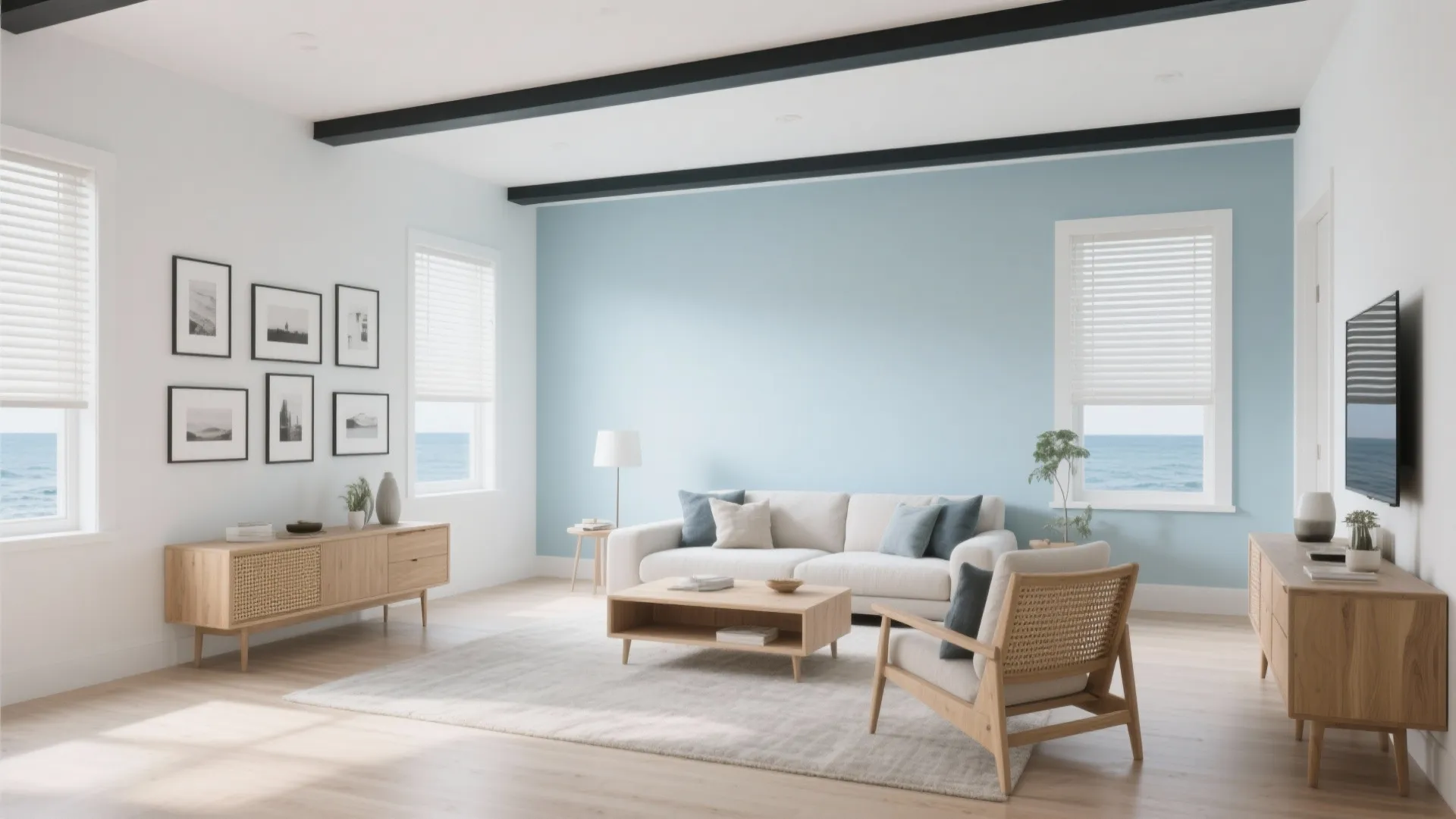 Bright living room with light blue wall white sofa wooden coffee table and large ocean windows
