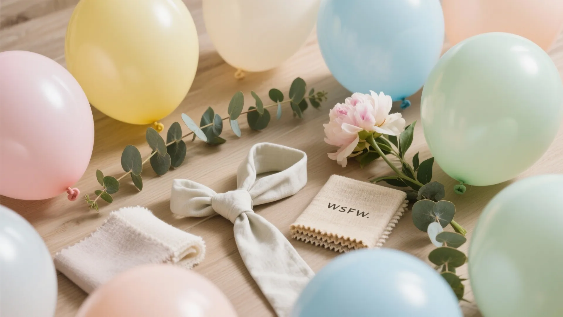 Flat lay arrangement of pastel balloons with green leaves and fabric on light wood floor